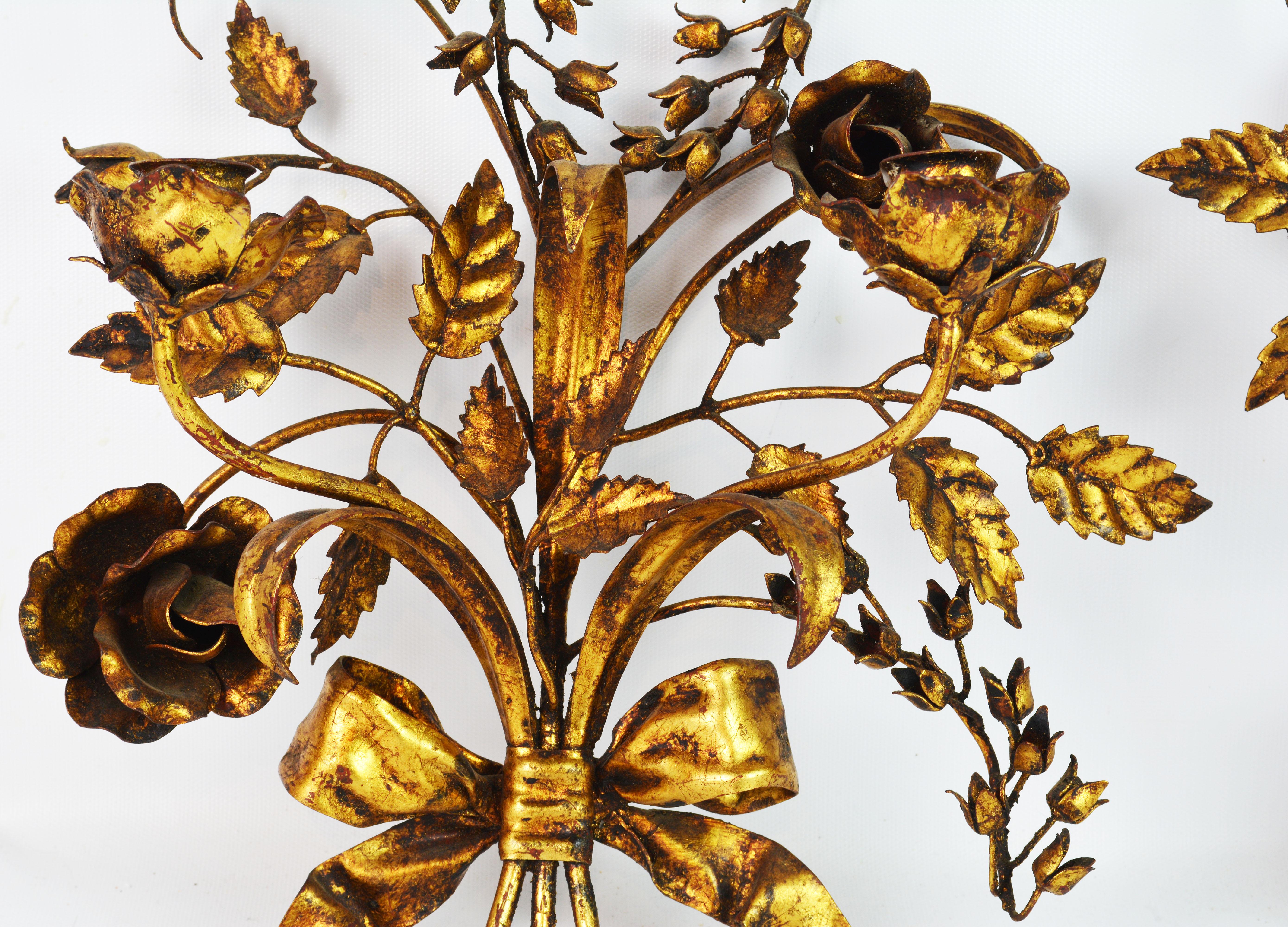 French Provincial Pair of Two-Arm Midcentury Italian Gilt Tole Flower Sconces with Ribbons