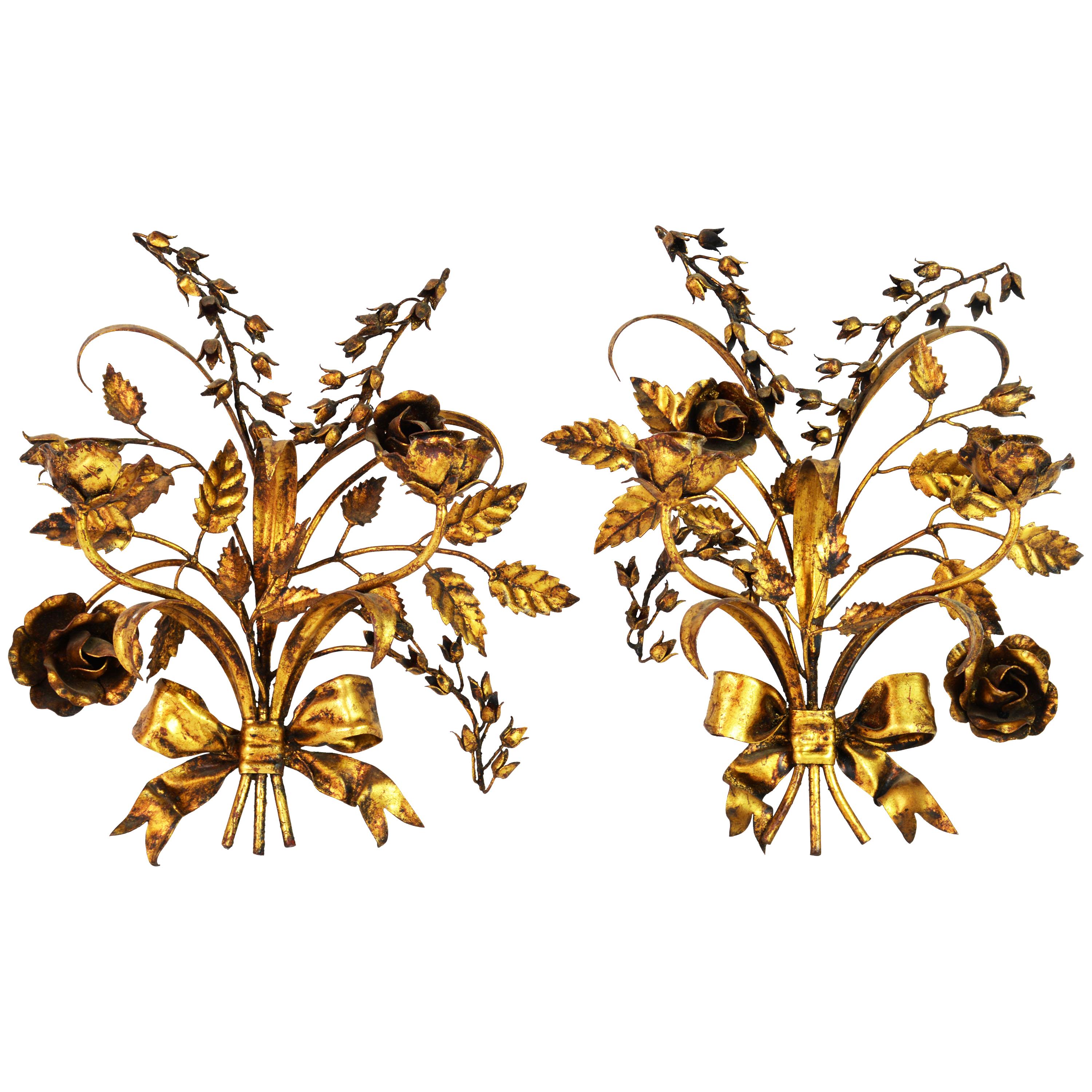 Pair of Two-Arm Midcentury Italian Gilt Tole Flower Sconces with Ribbons