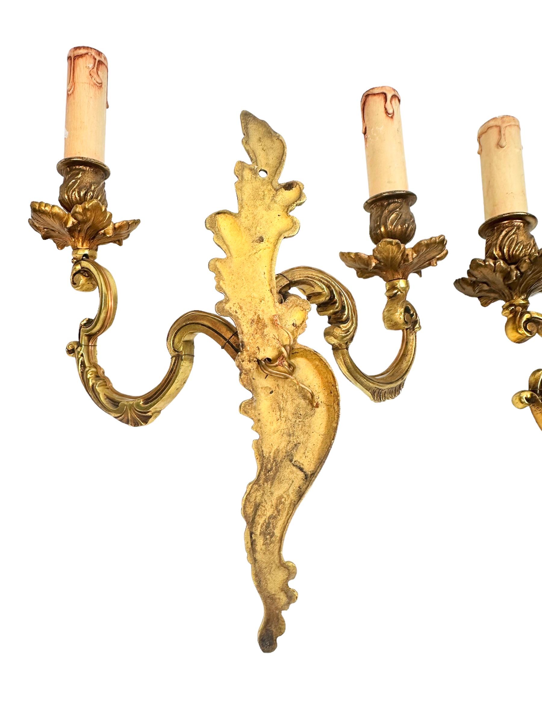 Pair of two Arm Rococo Style Wall Sconces in Bronze Italy, 1950s For Sale 5