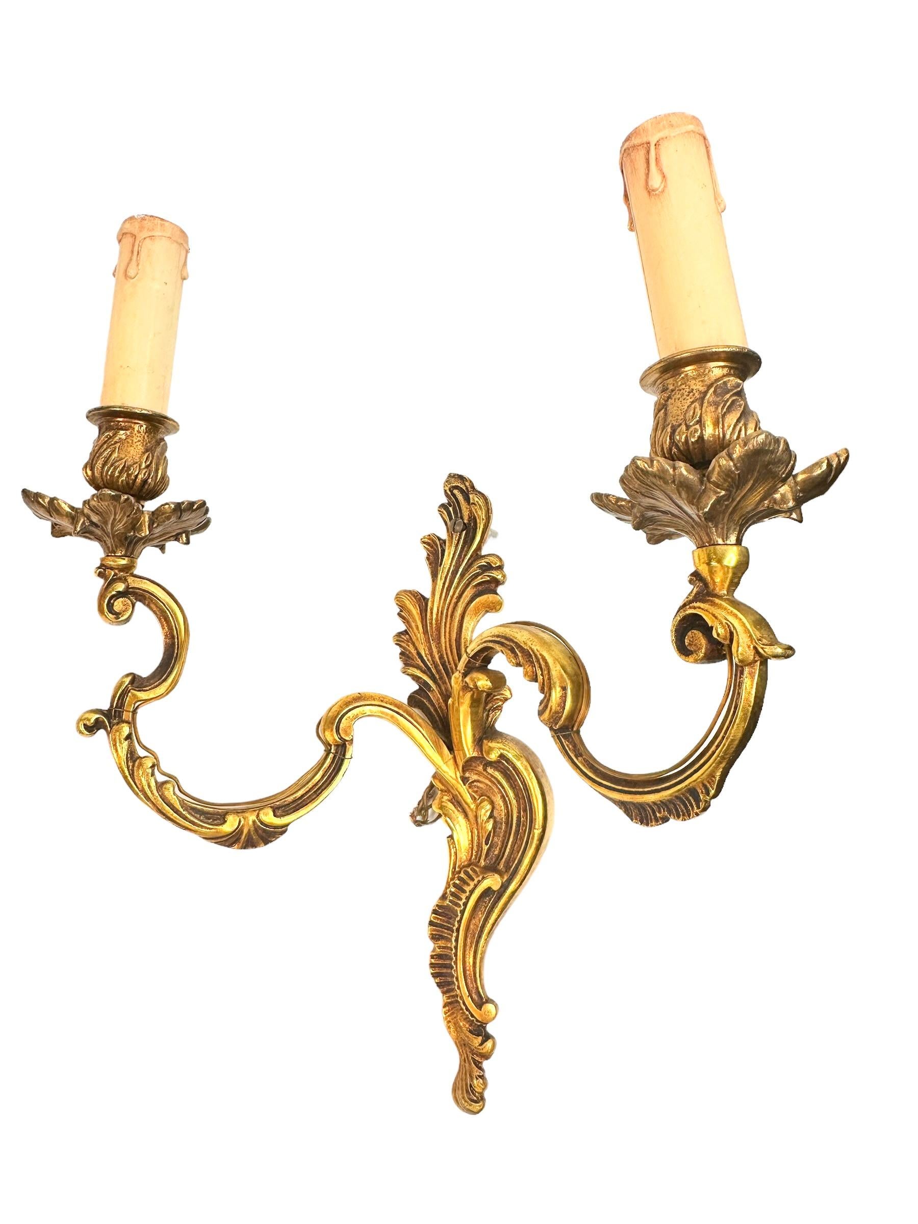 Italian Pair of two Arm Rococo Style Wall Sconces in Bronze Italy, 1950s For Sale