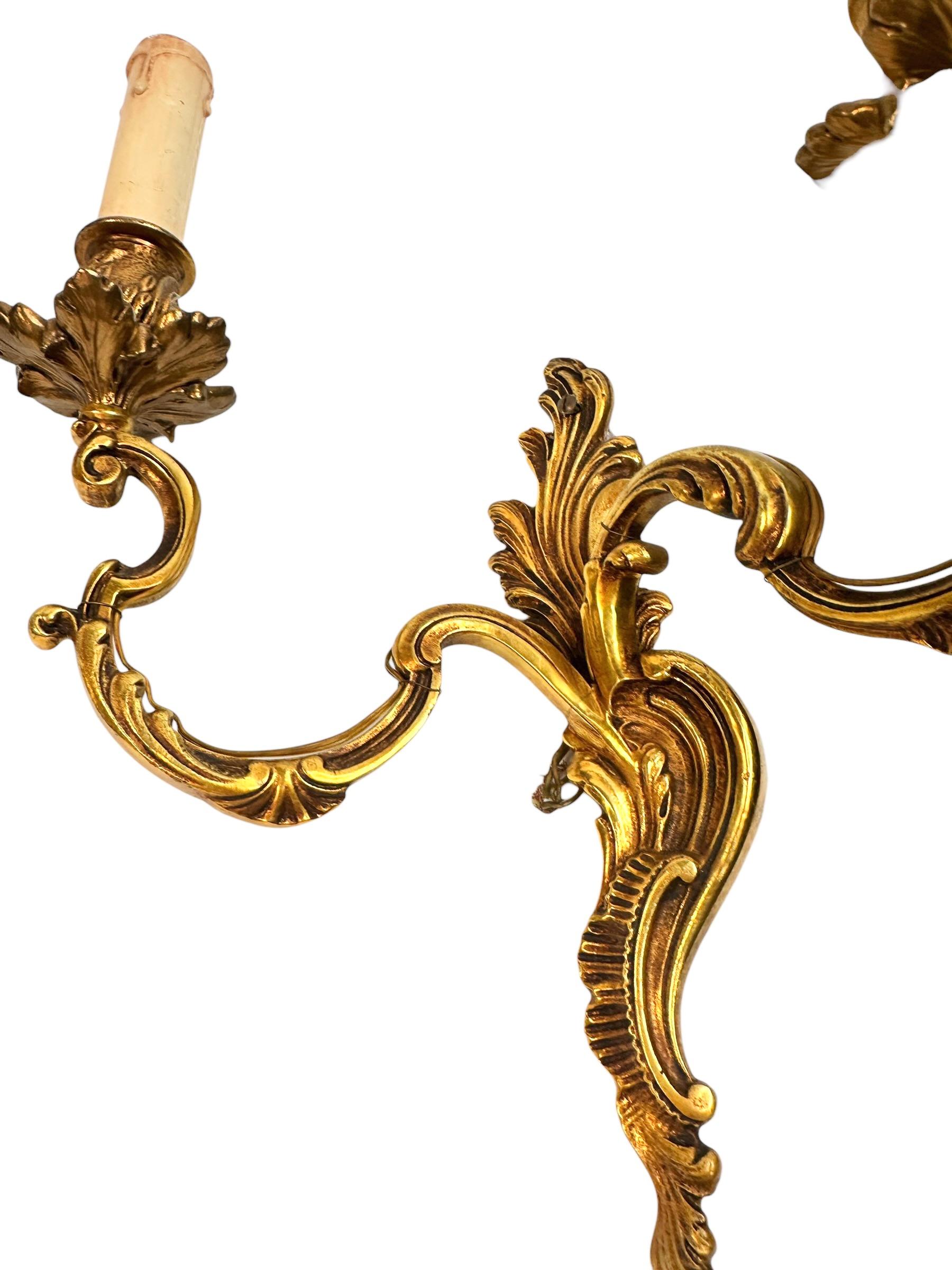 Mid-20th Century Pair of two Arm Rococo Style Wall Sconces in Bronze Italy, 1950s For Sale