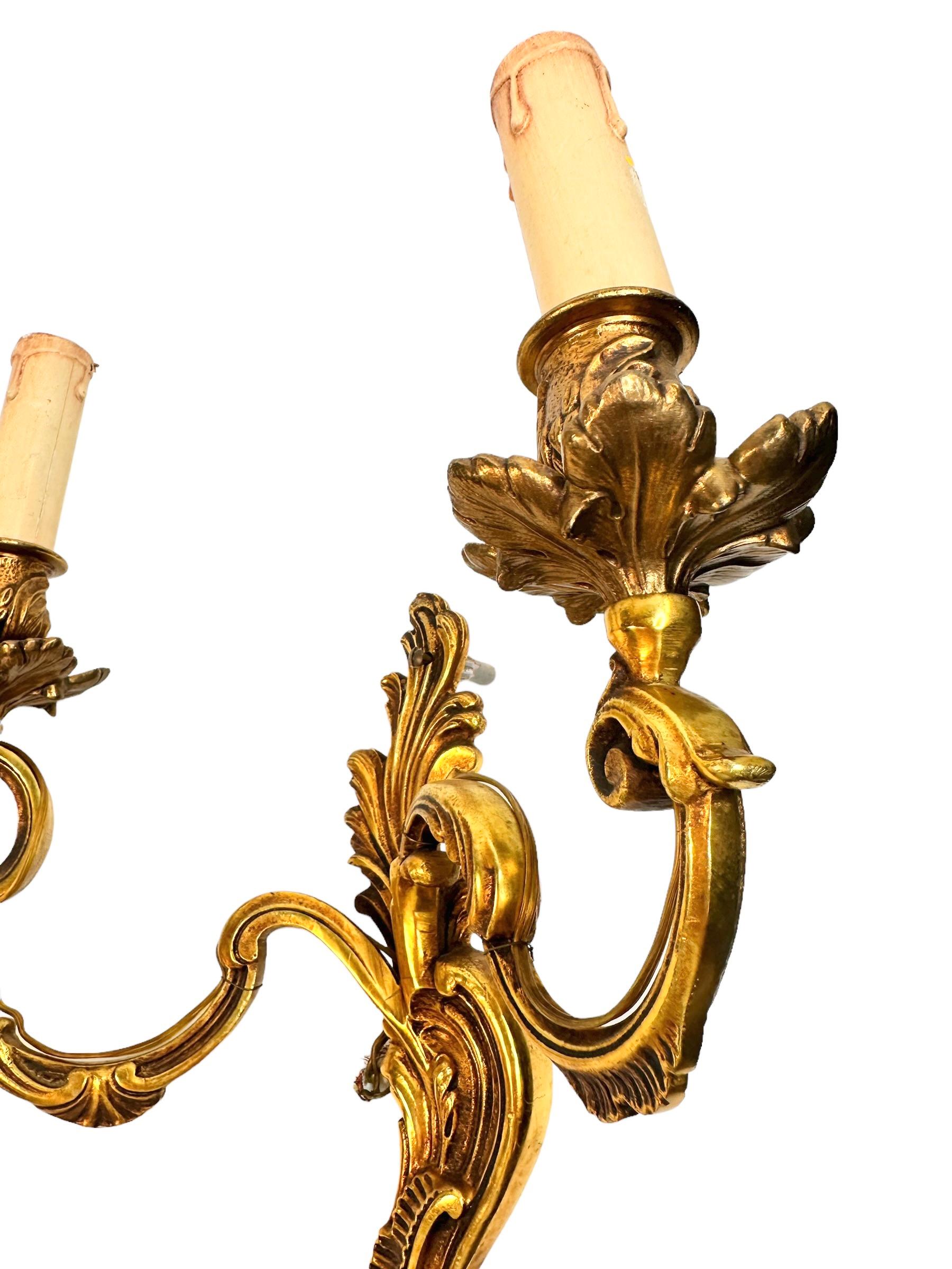 Pair of two Arm Rococo Style Wall Sconces in Bronze Italy, 1950s For Sale 1