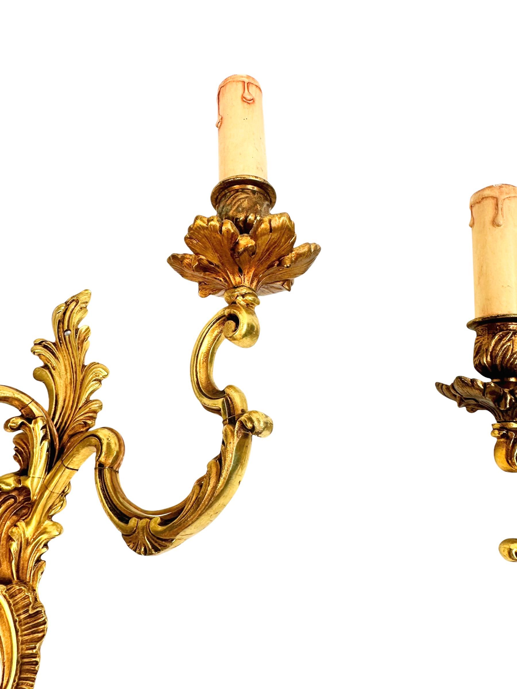 Pair of two Arm Rococo Style Wall Sconces in Bronze Italy, 1950s For Sale 2