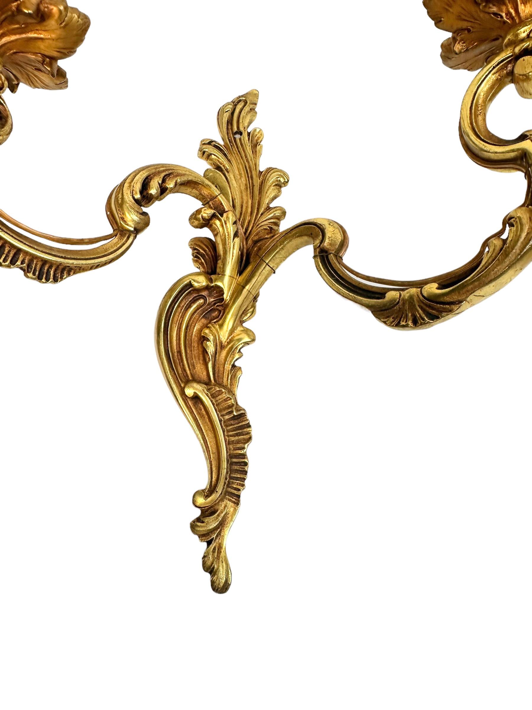 Pair of two Arm Rococo Style Wall Sconces in Bronze Italy, 1950s For Sale 3