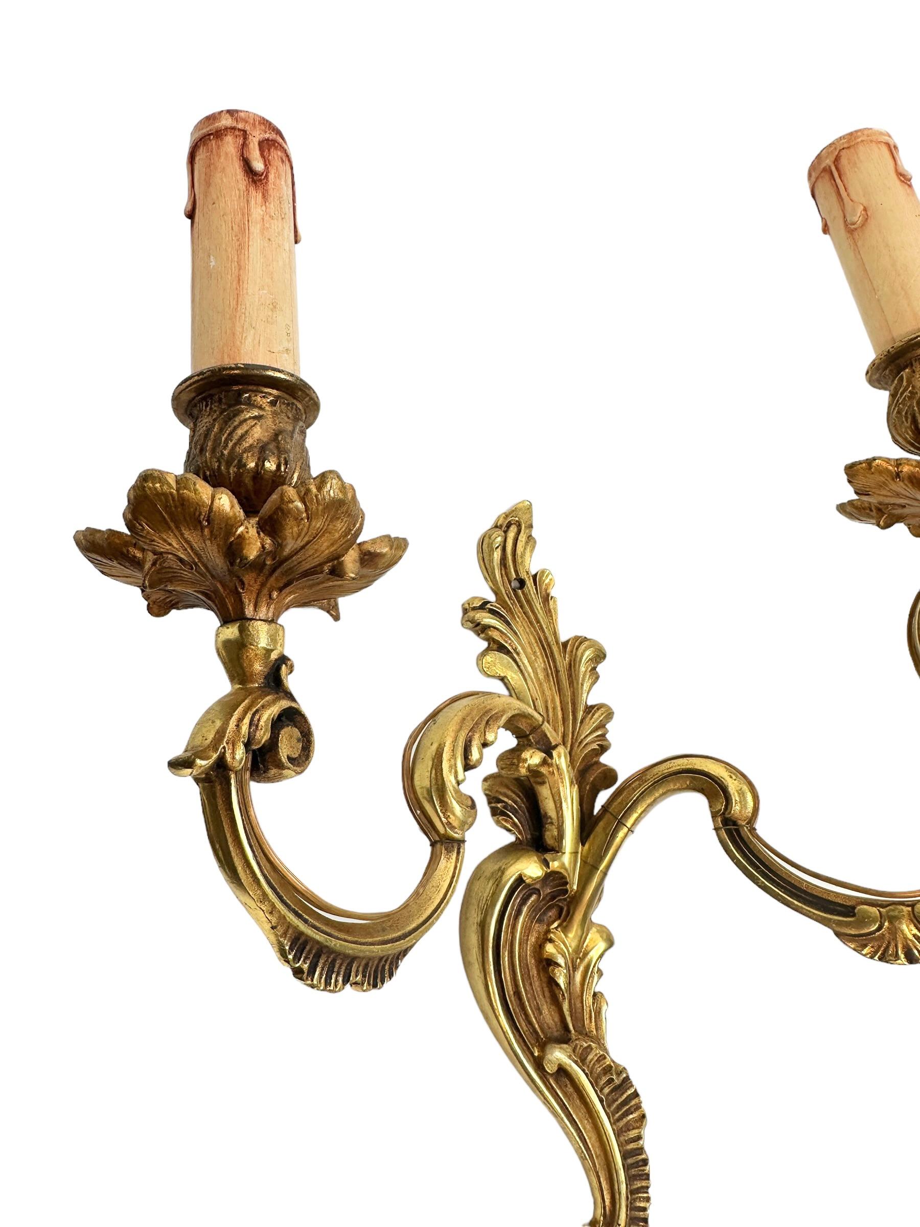 Pair of two Arm Rococo Style Wall Sconces in Bronze Italy, 1950s For Sale 4
