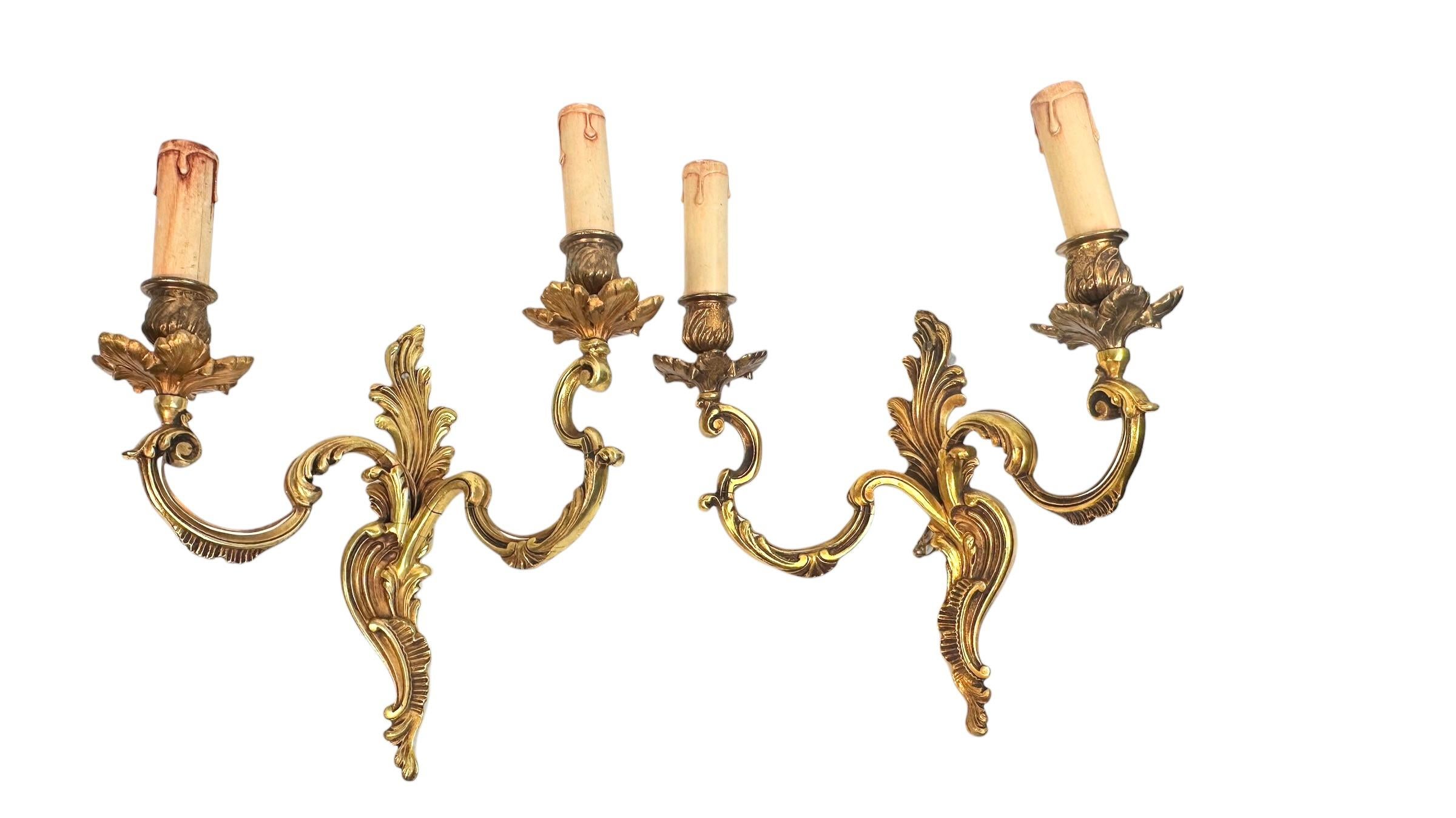 Pair of two Arm Rococo Style Wall Sconces in Bronze Italy, 1950s For Sale