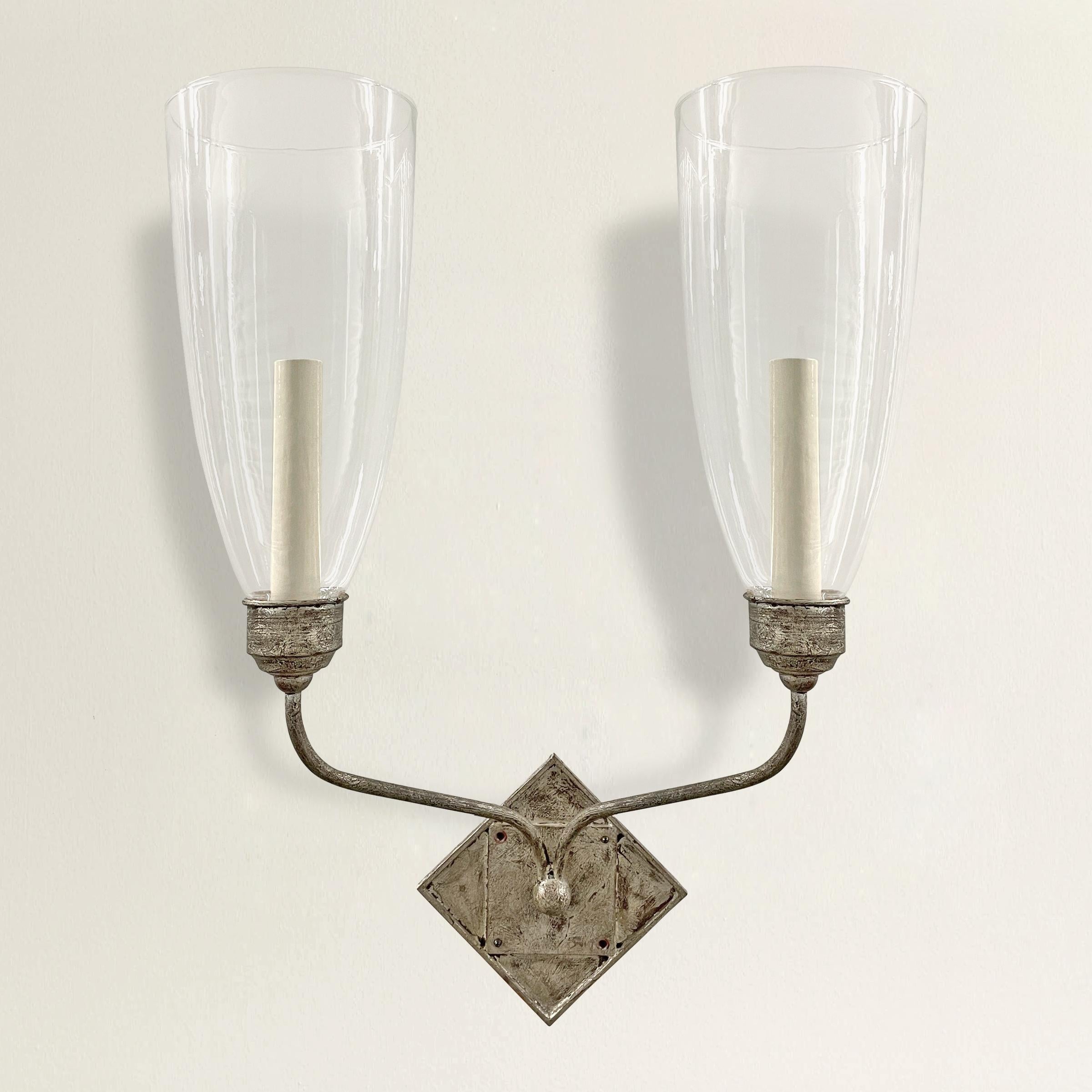 American Pair of Two-Arm Sconces with Hurricane Shades