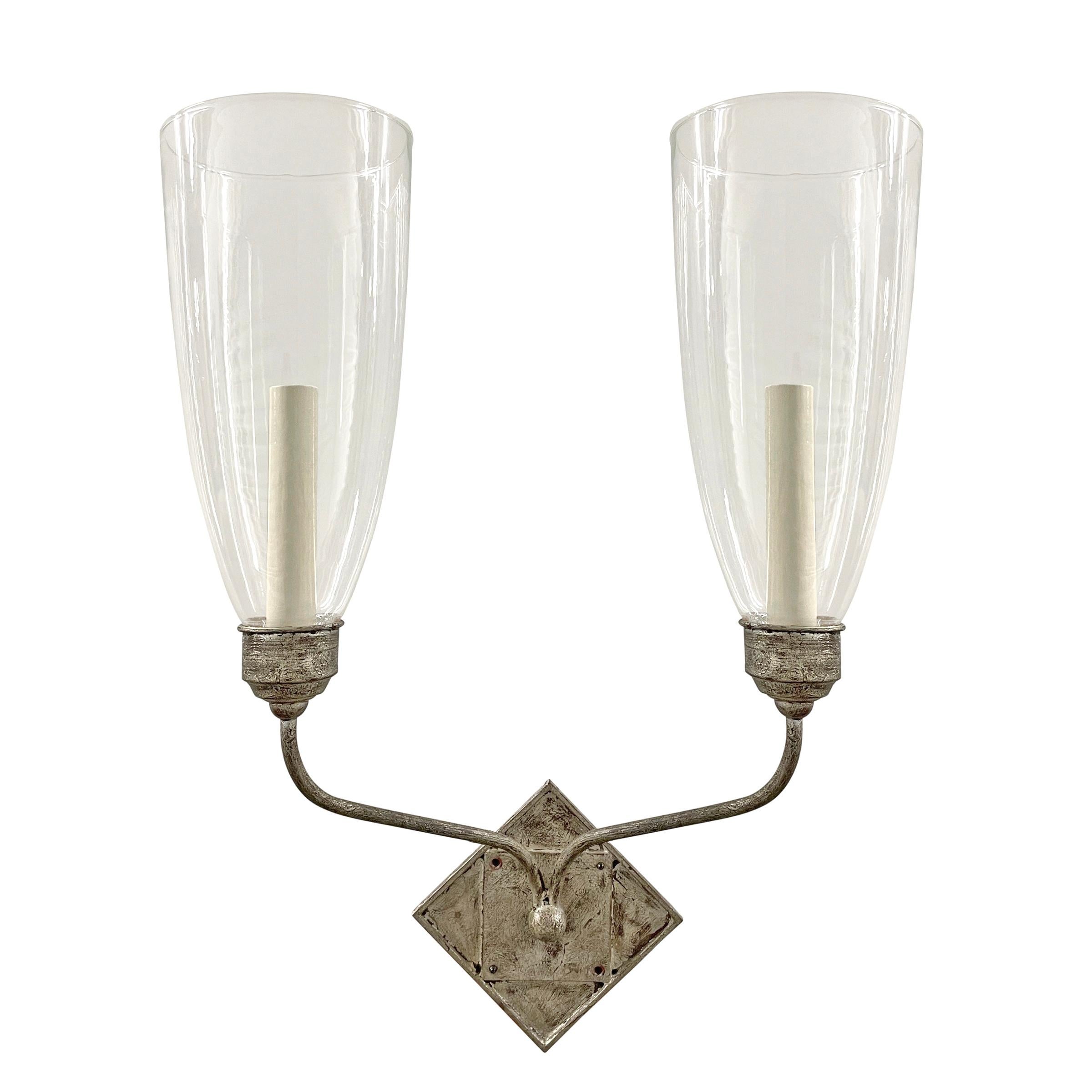 Pair of Two-Arm Sconces with Hurricane Shades In Good Condition In Chicago, IL