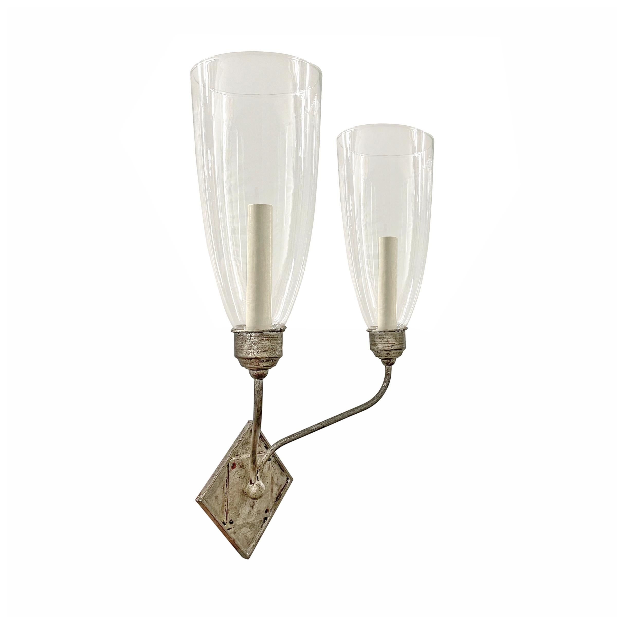 20th Century Pair of Two-Arm Sconces with Hurricane Shades