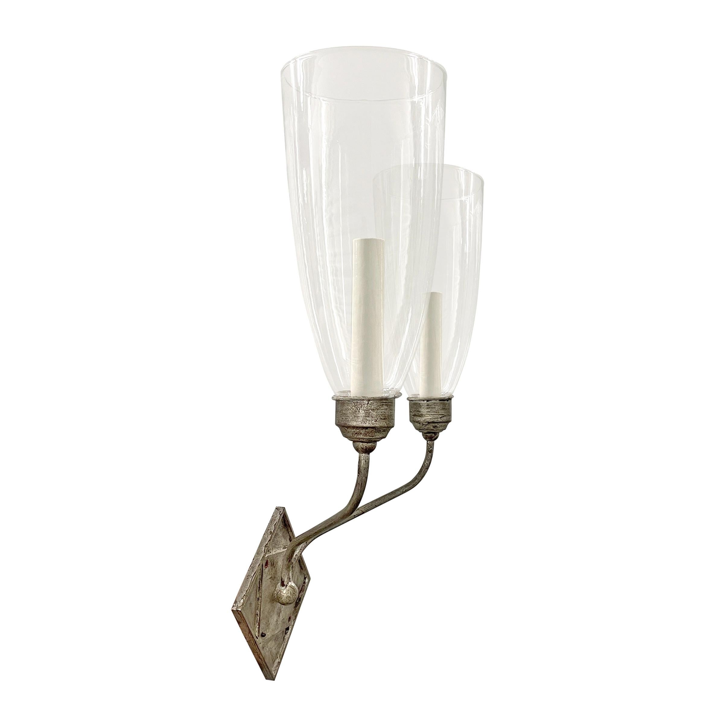 Steel Pair of Two-Arm Sconces with Hurricane Shades