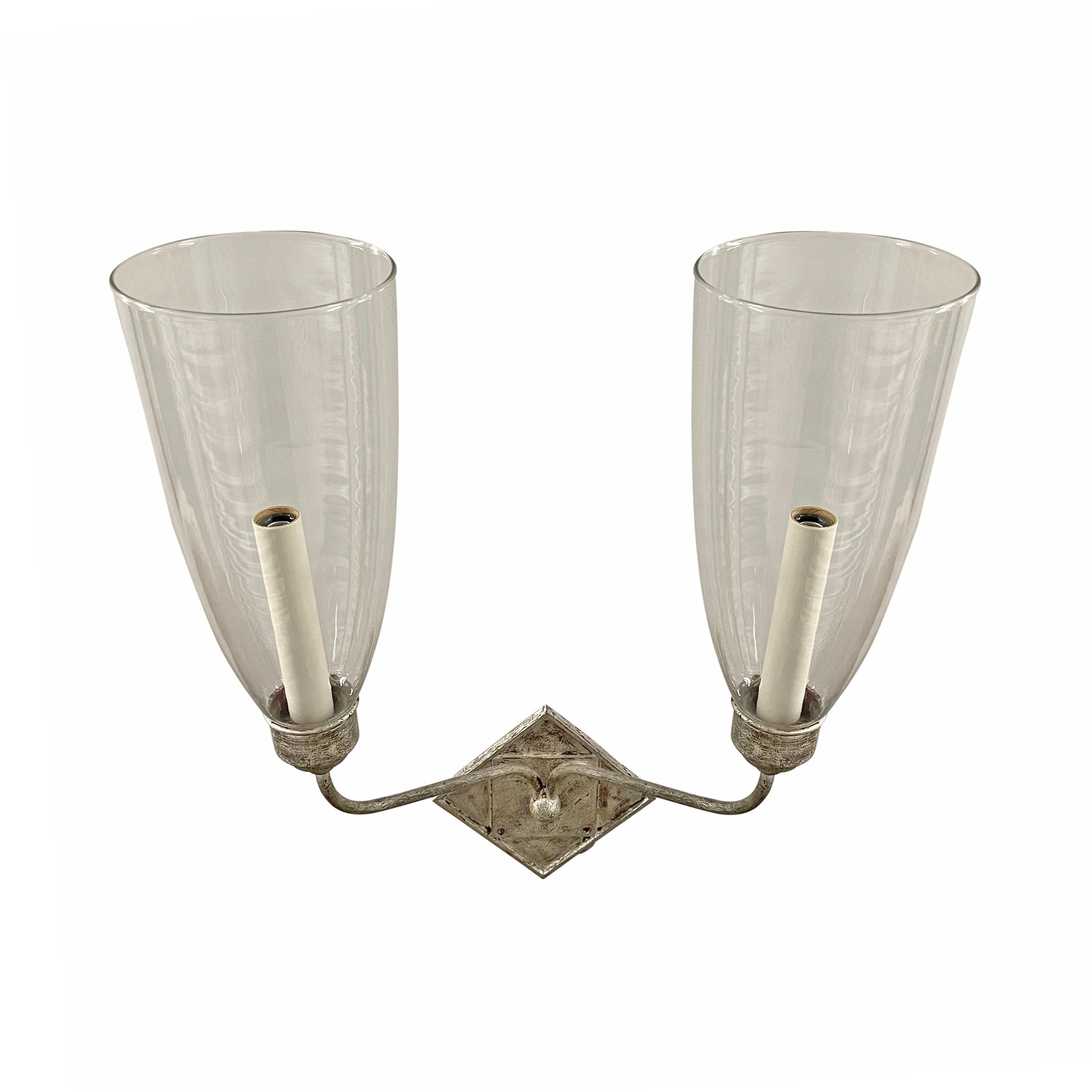 Pair of Two-Arm Sconces with Hurricane Shades 1