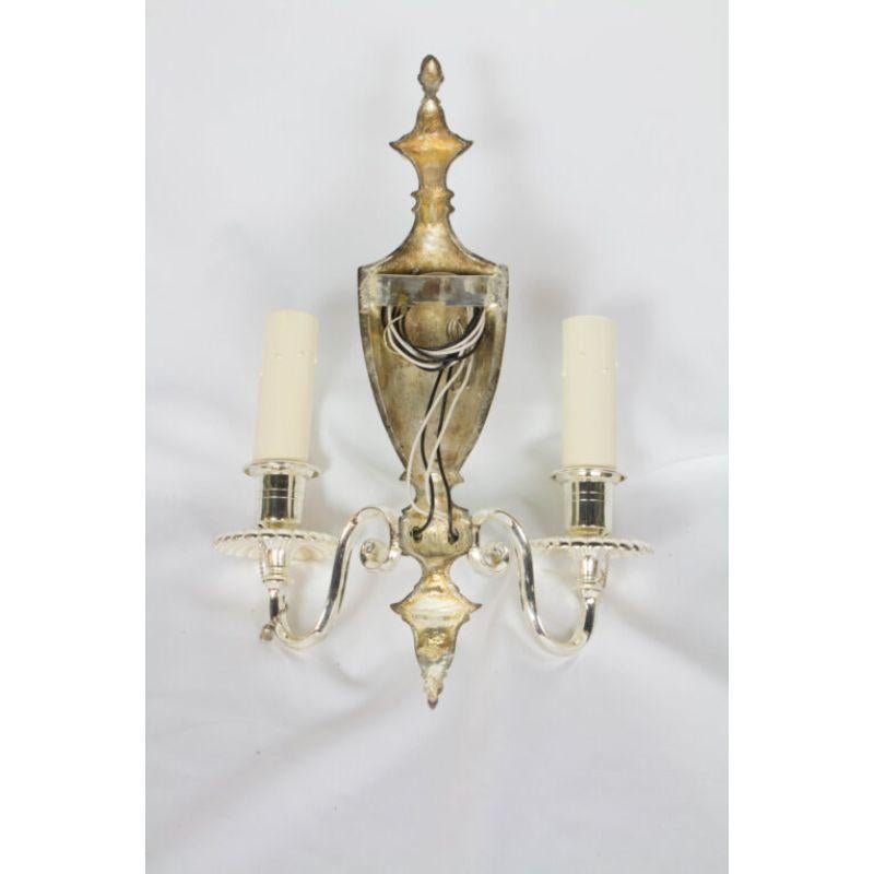 Neoclassical Pair of Two Arm Silver Plate Sconces For Sale