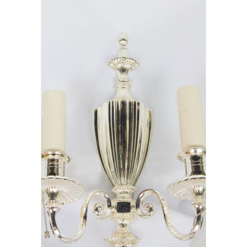Pair of Two Arm Silver Plate Sconces In Excellent Condition For Sale In Canton, MA