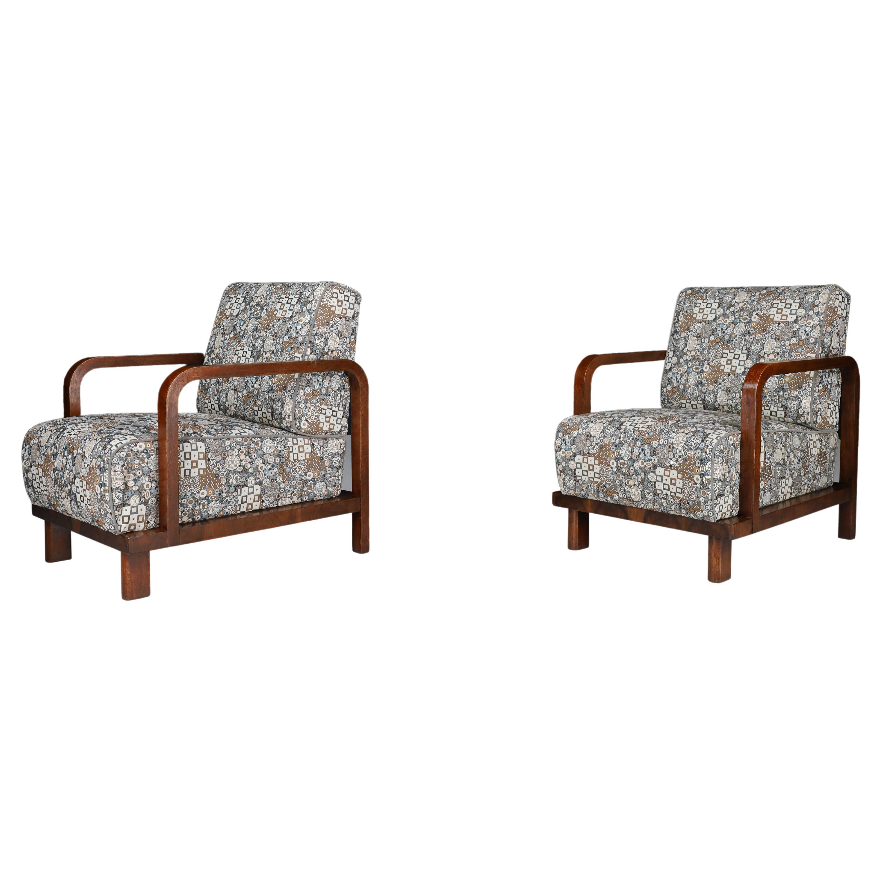 Pair of Two Art Deco Lounge Chairs Re-upholstered  Art Deco Fabric, France 1930s For Sale