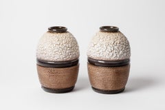 Pair of Two Art Deco White and Brown Ceramic Vases 1940 Style of Jean Besnard