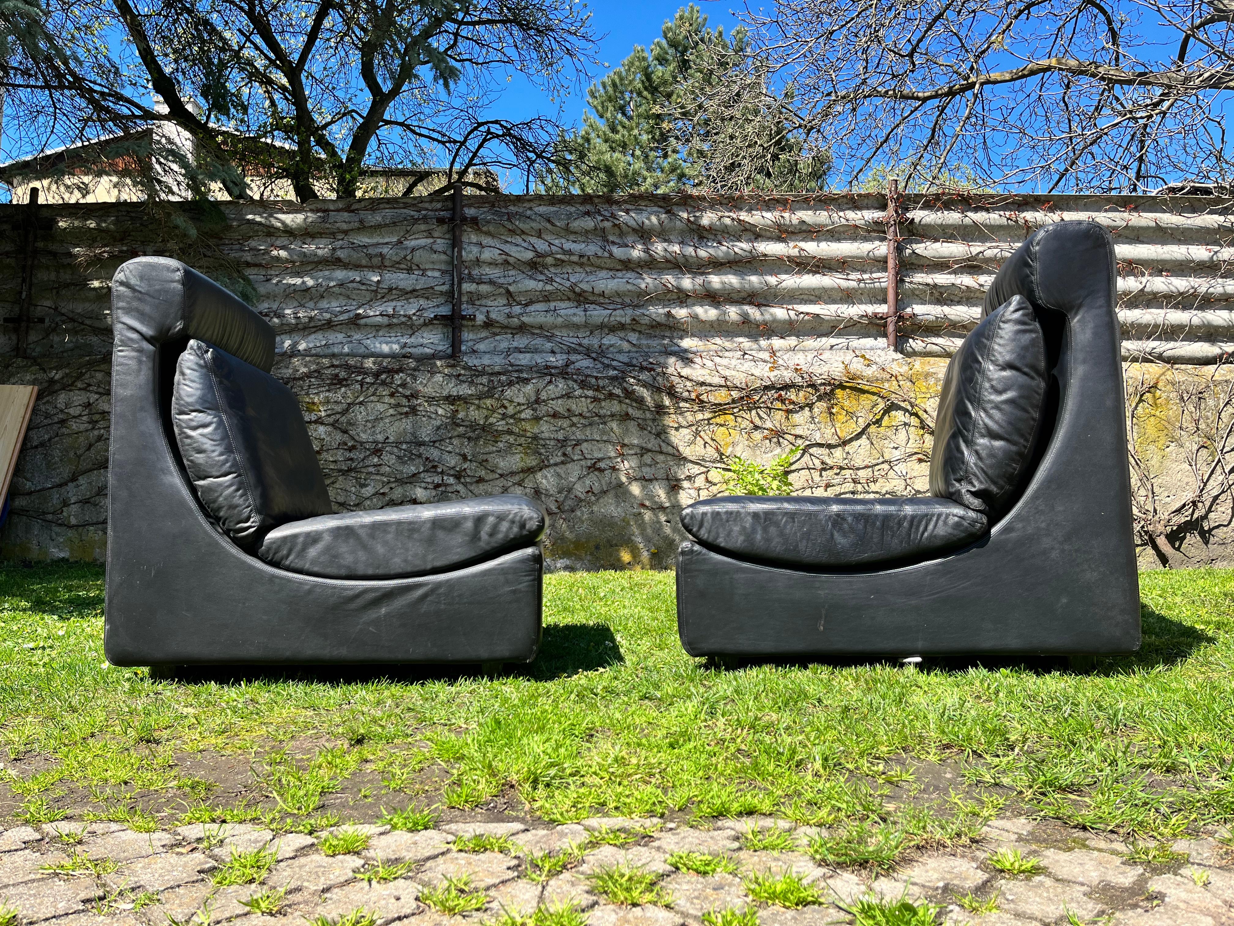 Mid-Century Modern Pair of Two Black Leather Modular Sofa Chairs by Walter Knoll, Germany, 1970s For Sale
