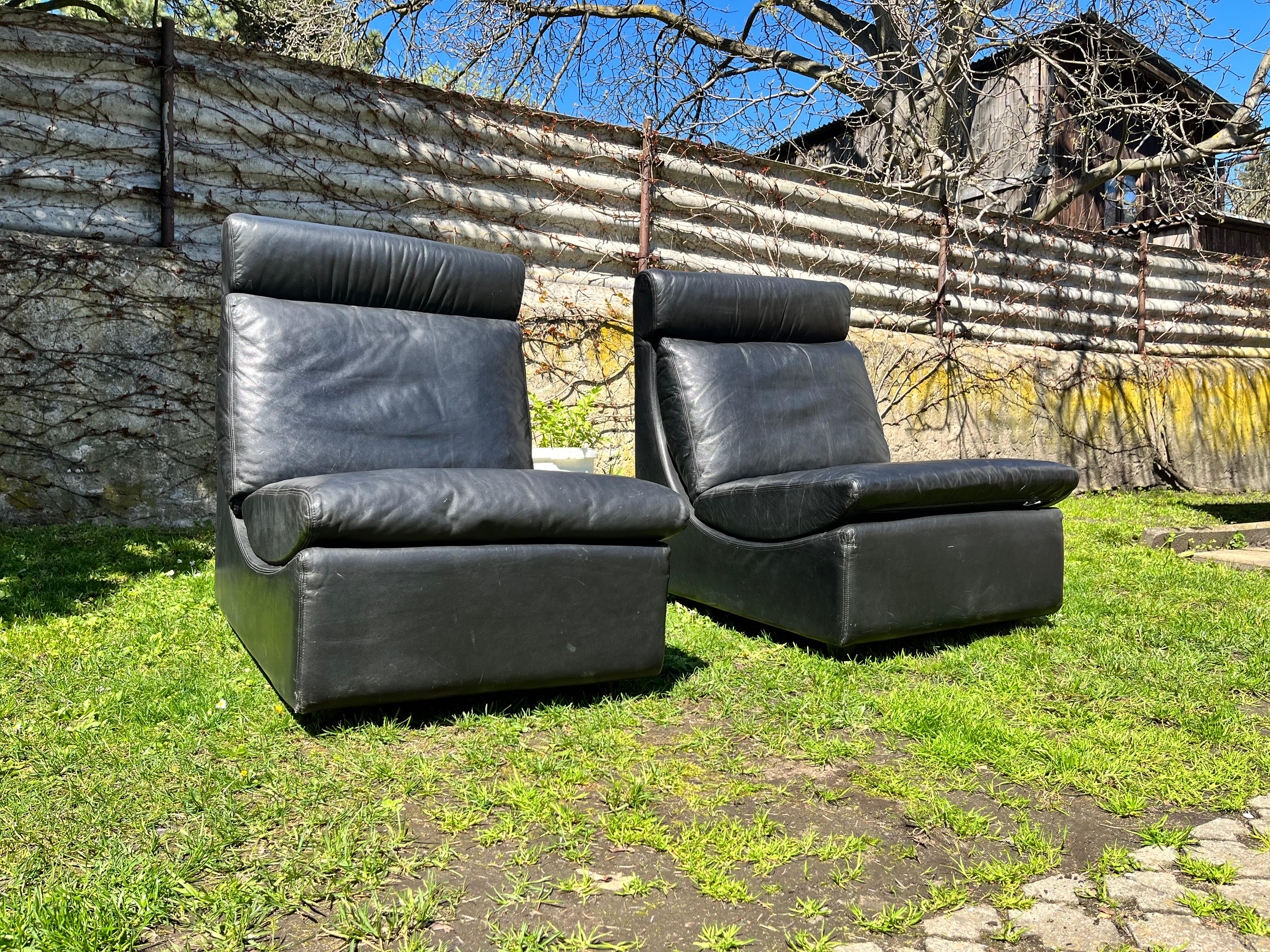 Pair of Two Black Leather Modular Sofa Chairs by Walter Knoll, Germany, 1970s In Good Condition For Sale In Praha, CZ