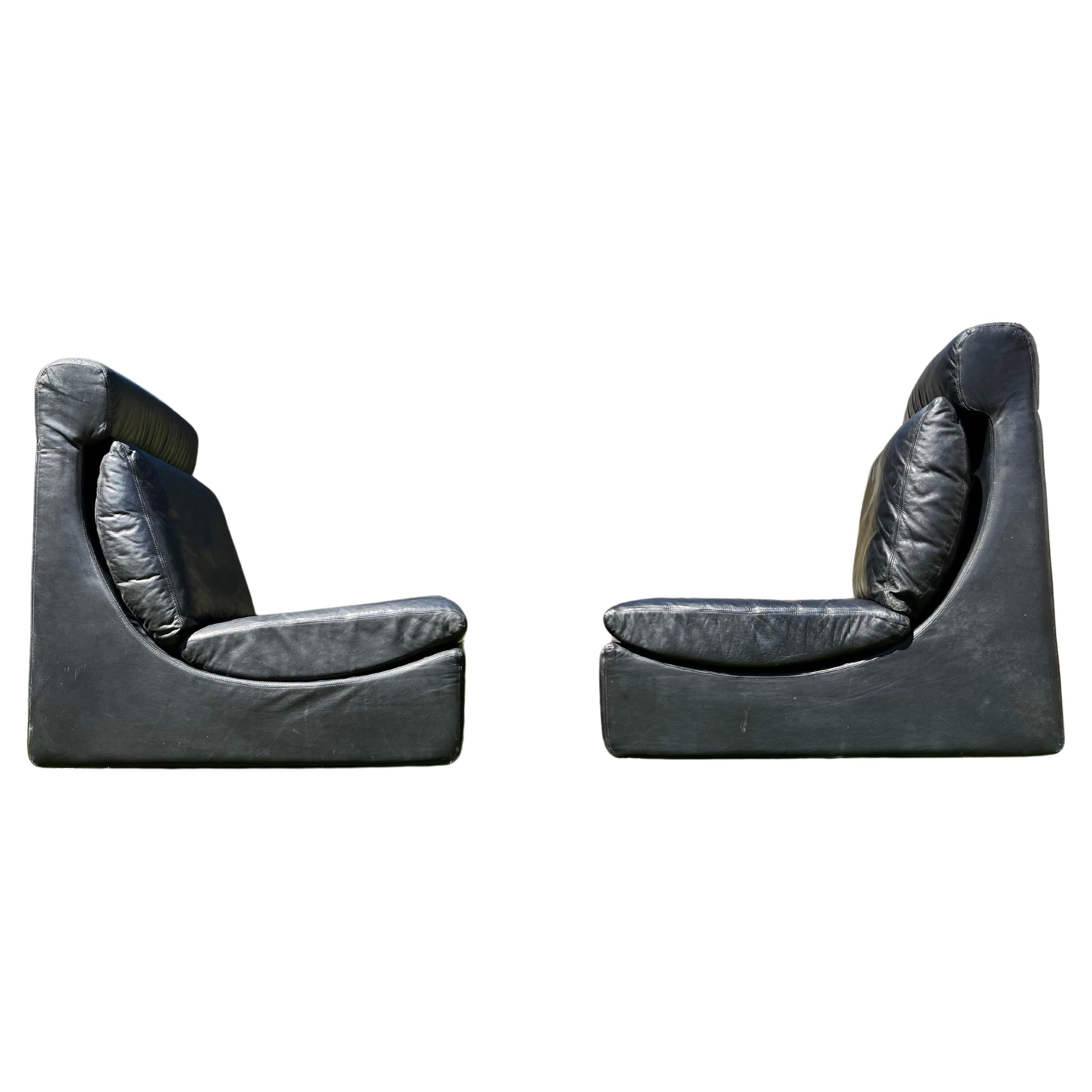 Pair of Two Black Leather Modular Sofa Chairs by Walter Knoll, Germany, 1970s