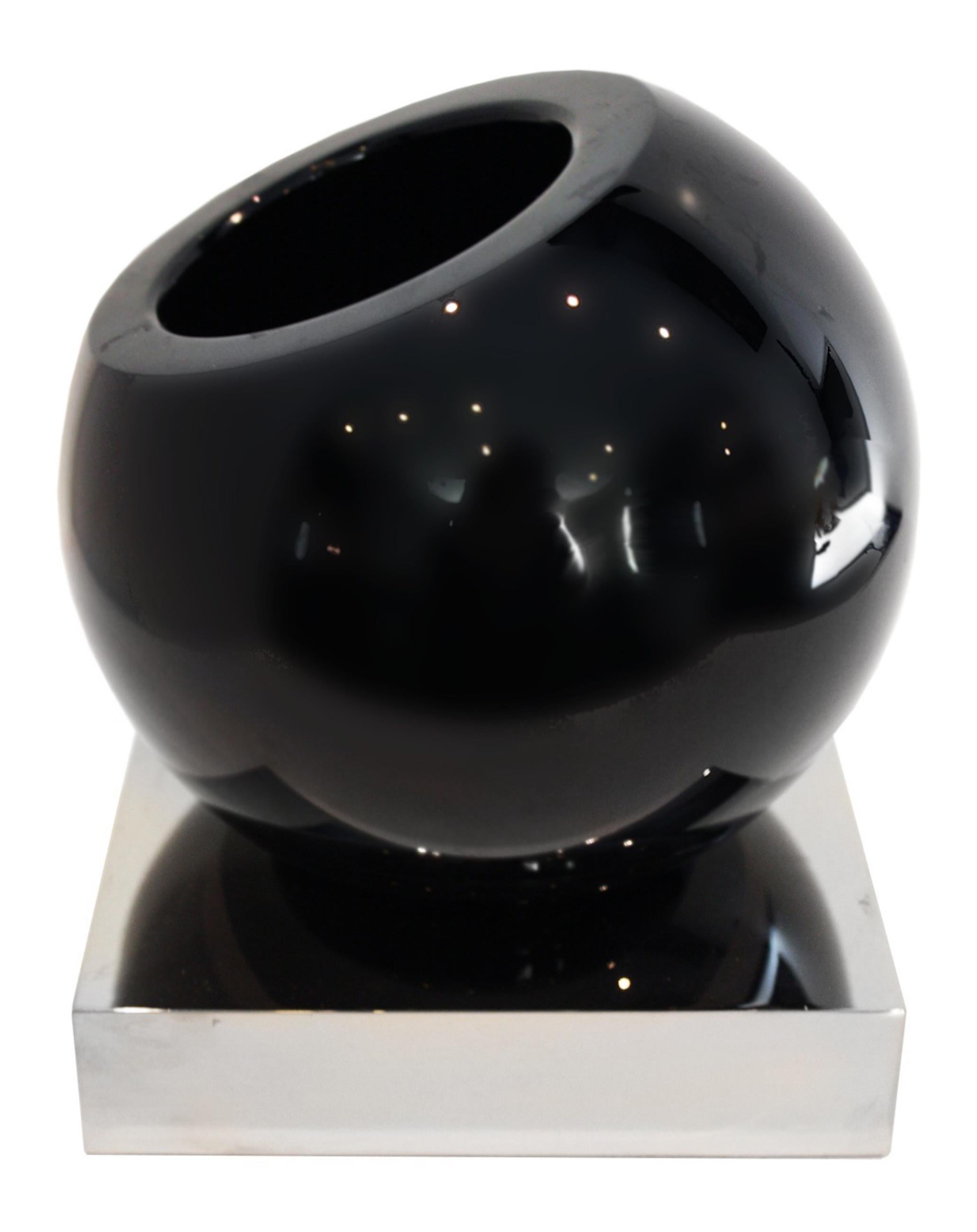 Italian Pair of Two Black Spheric Swinging Vases Sitting on Heavy Nickel Bases For Sale