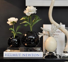 Pair of Two Black Spheric Swinging Vases Sitting on Heavy Nickel Bases