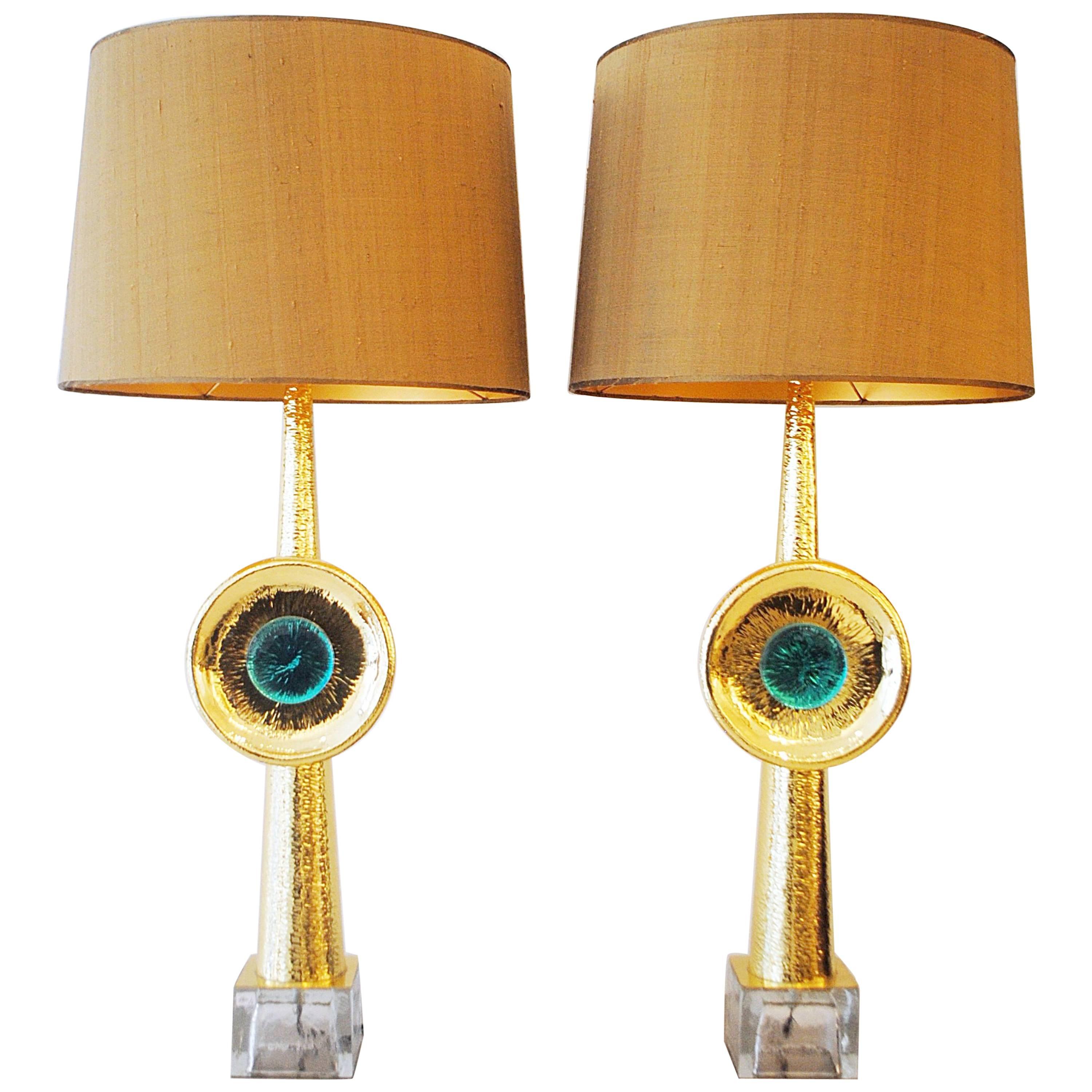 Pair of Two Brass and Glass Lamps, 21st Century, Italy