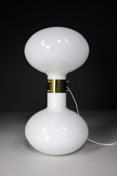 Pair of two Brass and Opaline Glass Floor-Table Lamps, Italy 1970s