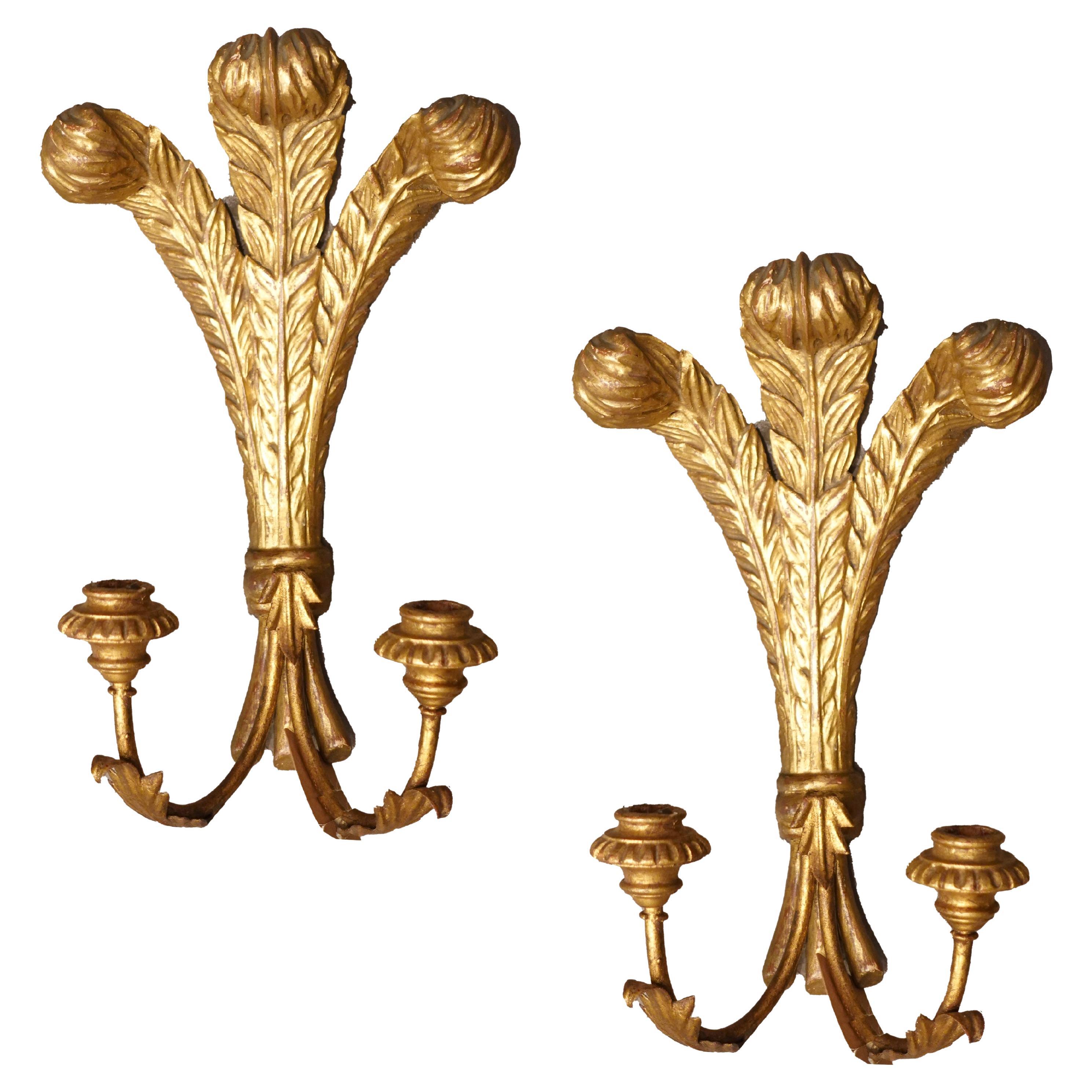 Pair of Two-Candle Giltwood Wall Sconces with Plumes Motif