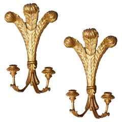 Pair of Two-Candle Giltwood Wall Sconces with Plumes Motif