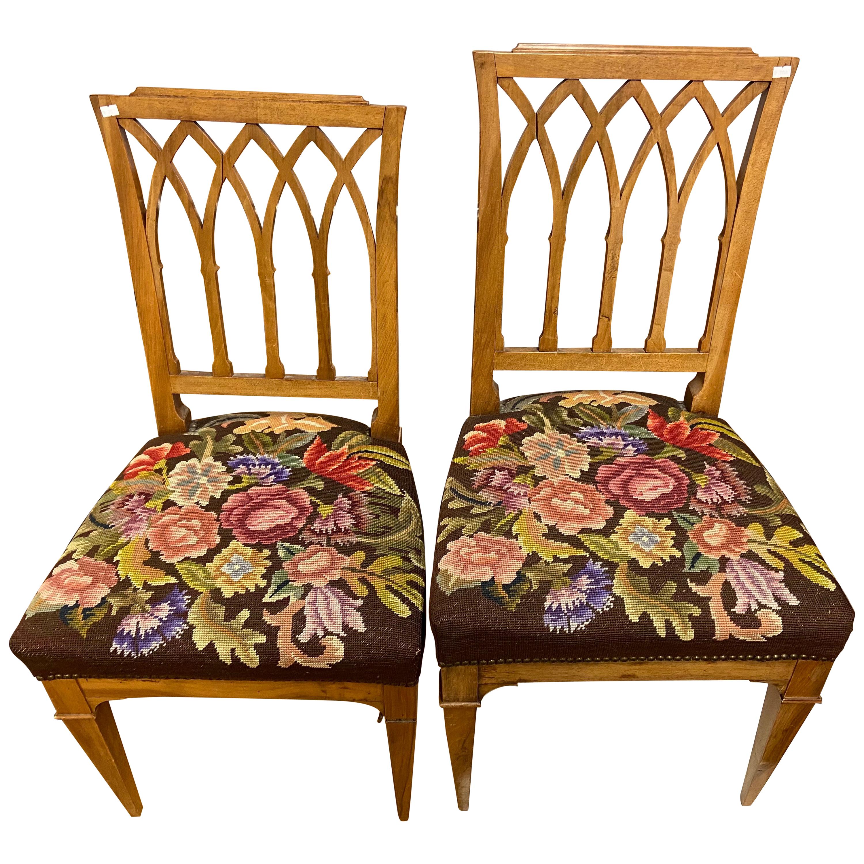 Pair of Two Chairs of Walnut Wood and Tapestry Seats