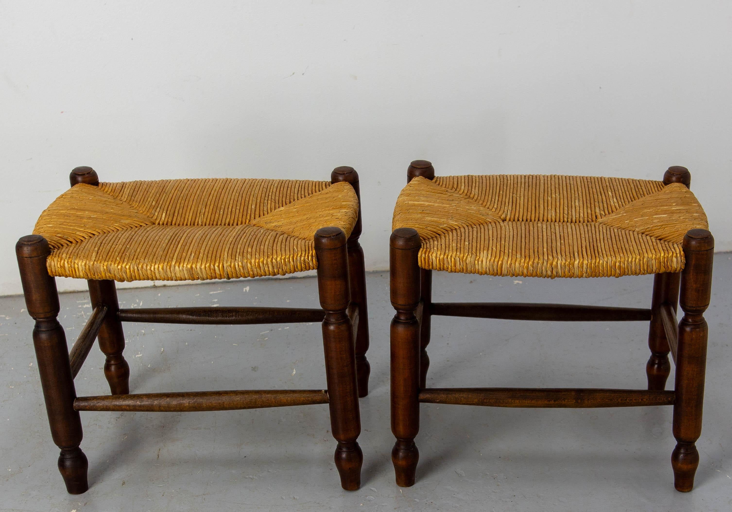French Pair of Two Cherrywood & Staw Stools, circa 1920 For Sale