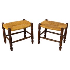 Pair of Two Cherrywood & Staw Stools, circa 1920