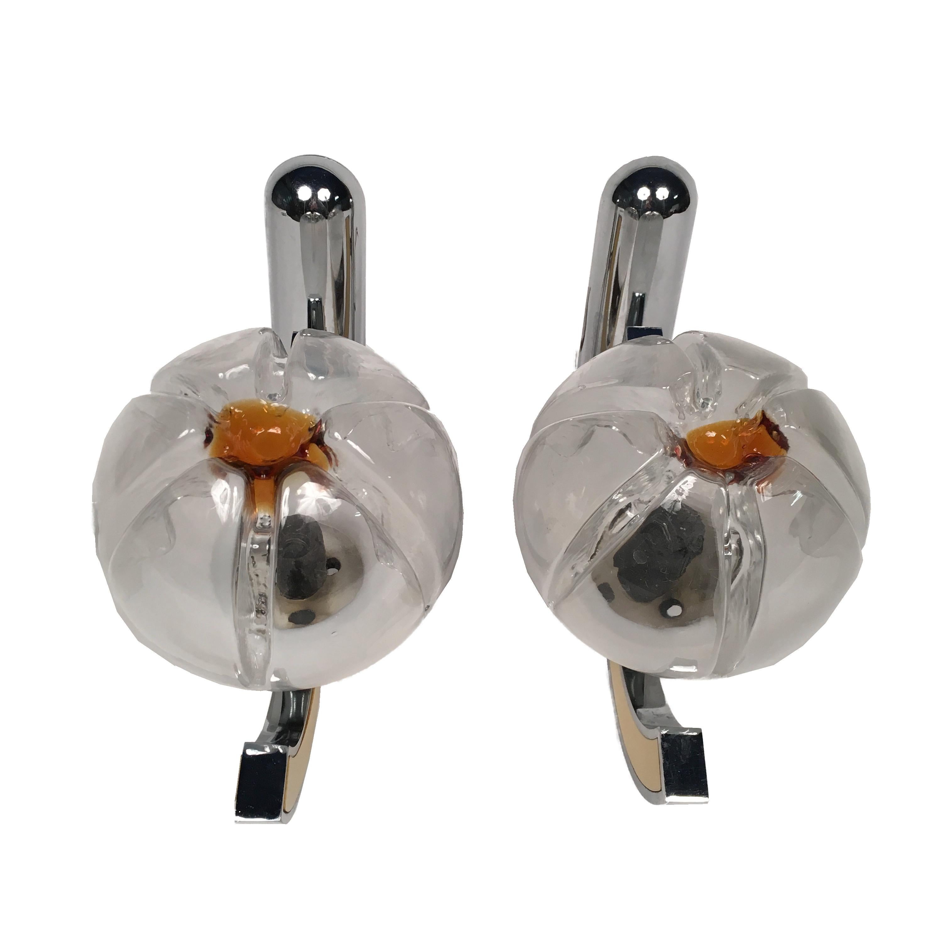 Mid-Century Modern Pair of Two Chrome Amber Glass Sconces by the Italian Mazzega, circa 1970