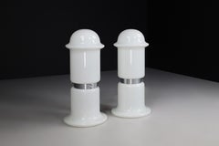 Pair of Two Chrome and Opaline Glass Floor-Table Lamps, Italy, 1970s