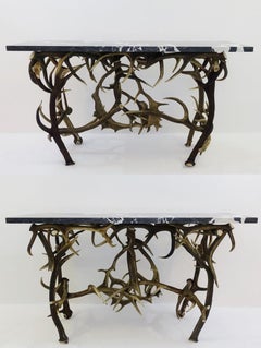 Pair of Two Consoles in Deer Antler and Marble, Italy