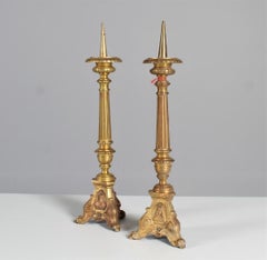 Antique Pair of Two Early 20th Century Candlesticks, Brass, Gold Plated
