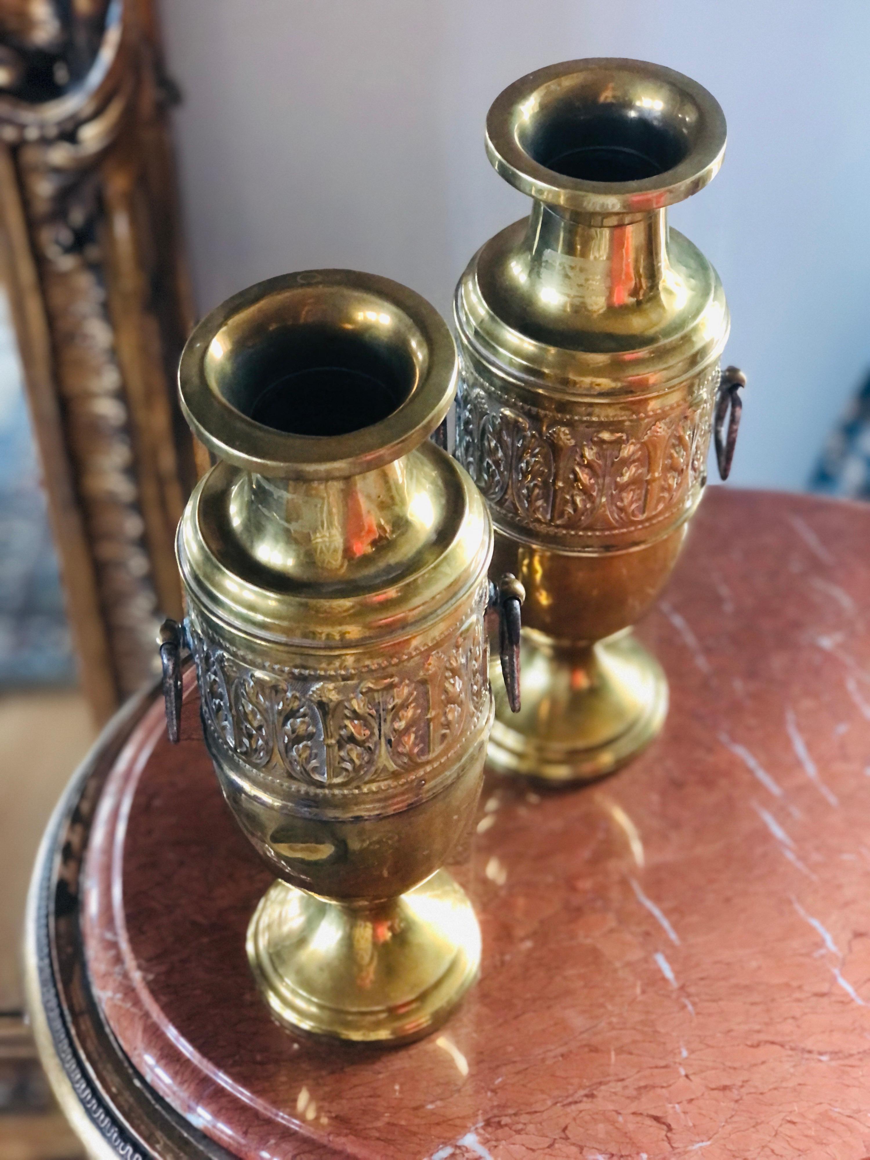 Pair of Two French Brass Urns or Vases with Floral Handmade Decoration For Sale 3
