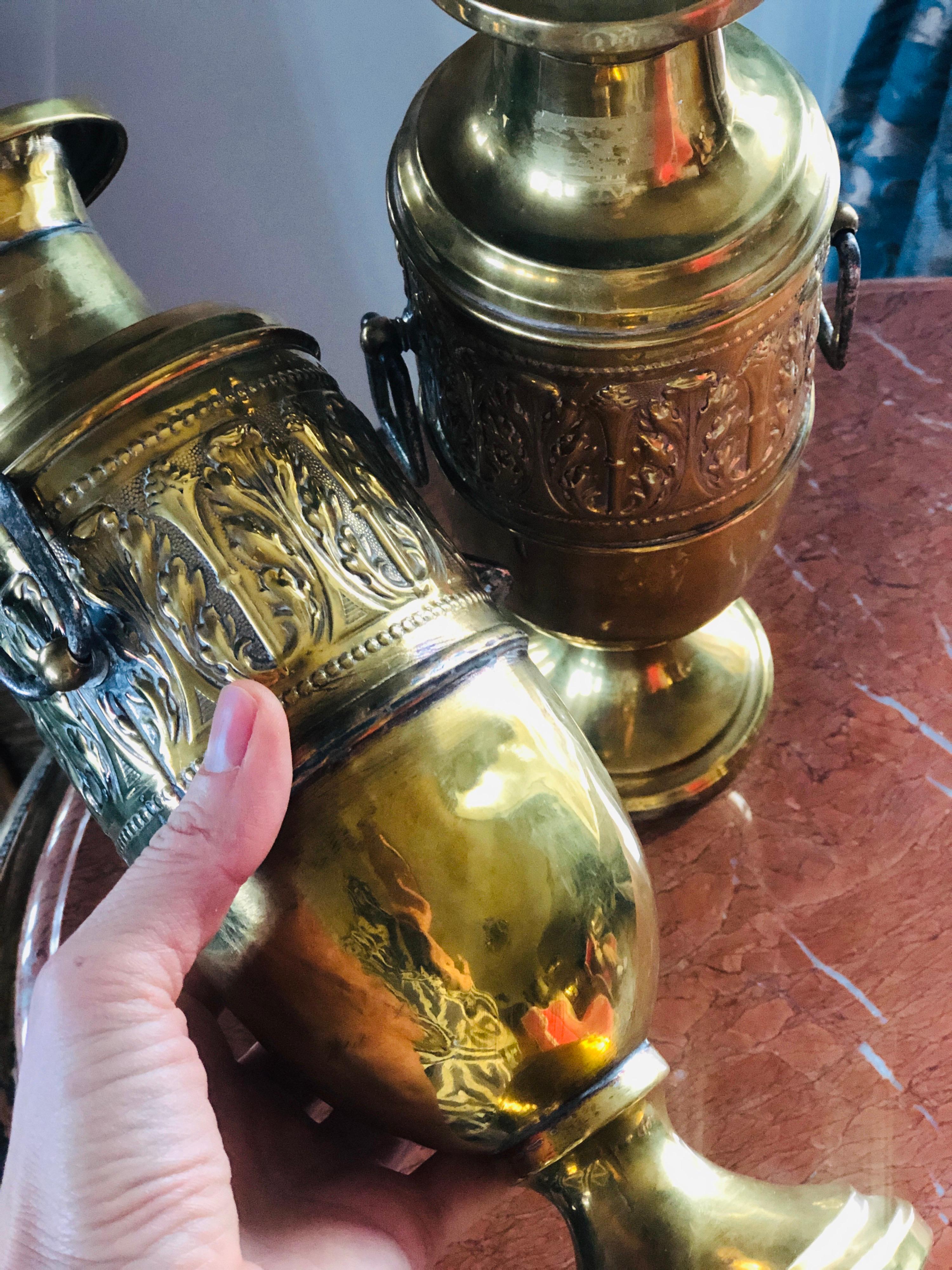 Pair of Two French Brass Urns or Vases with Floral Handmade Decoration For Sale 4