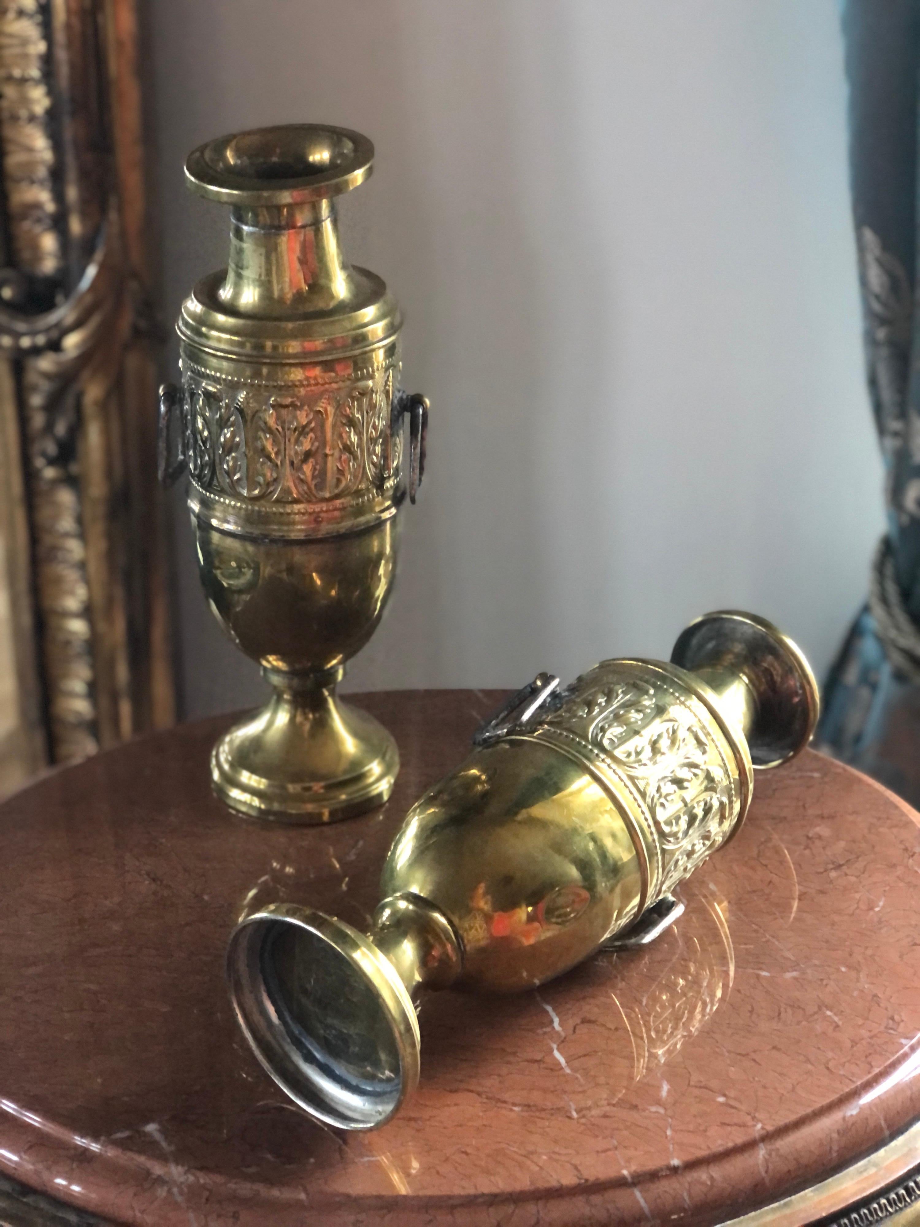 Pair of Two French Brass Urns or Vases with Floral Handmade Decoration For Sale 1