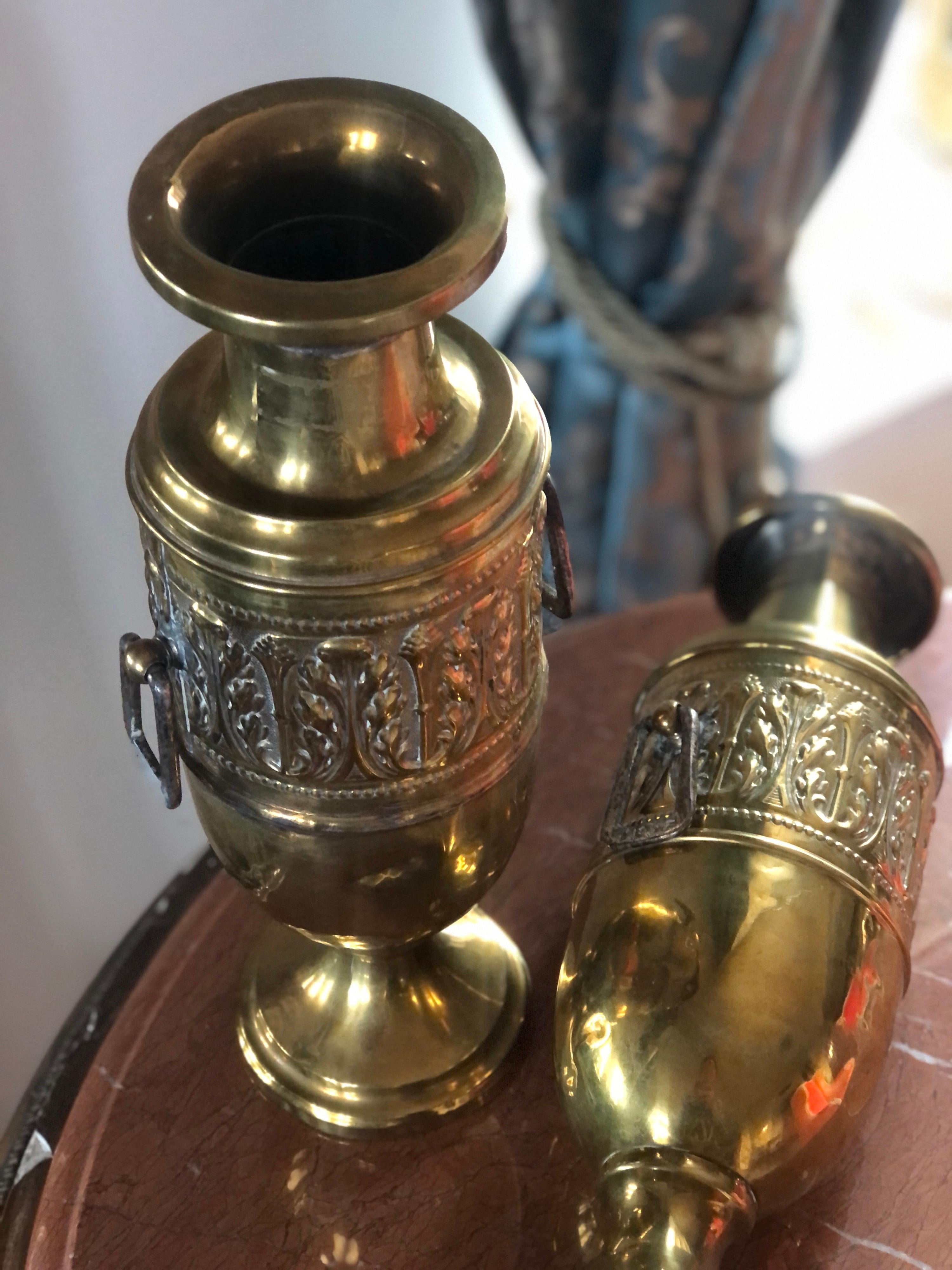 Pair of Two French Brass Urns or Vases with Floral Handmade Decoration For Sale 2