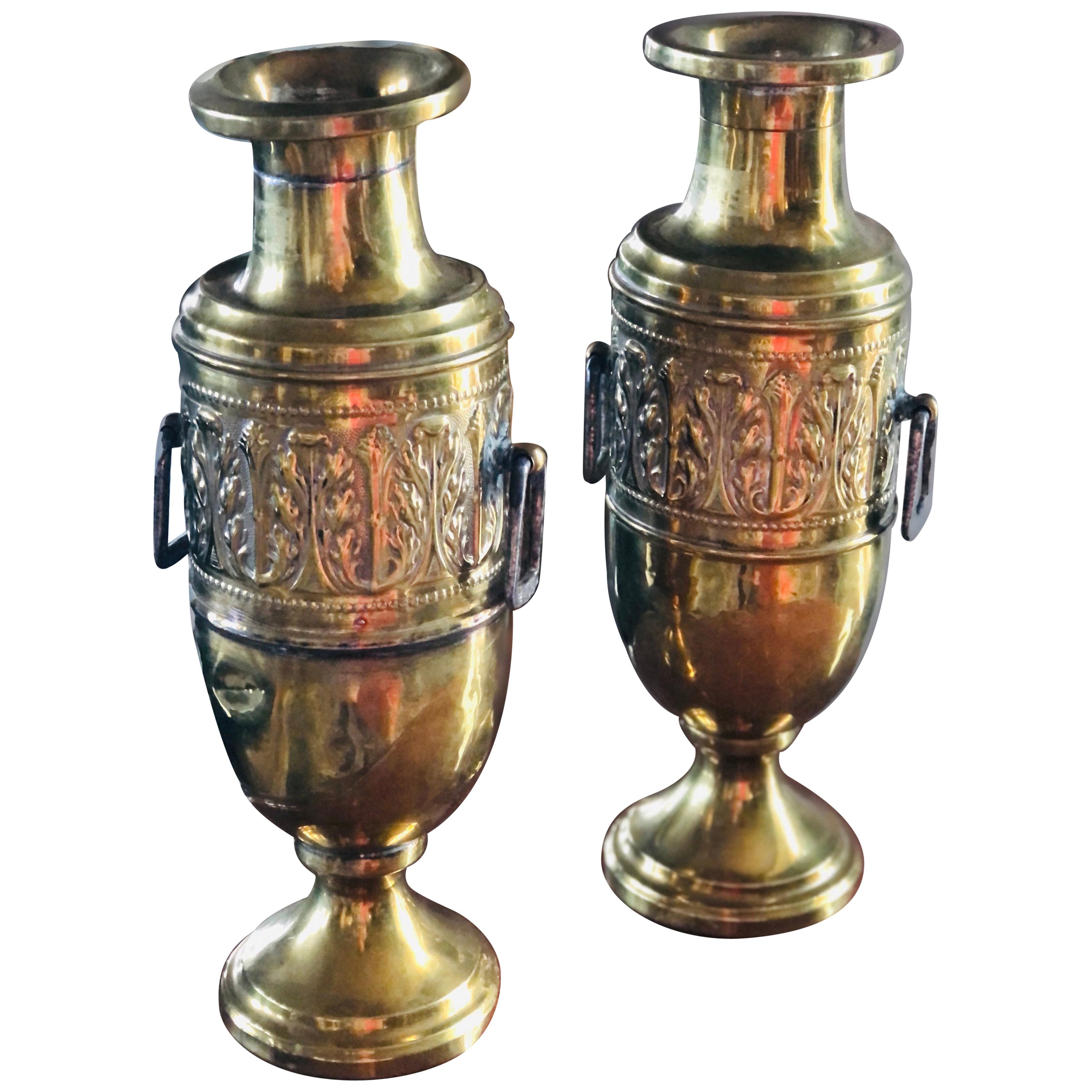 Pair of Two French Brass Urns or Vases with Floral Handmade Decoration For Sale