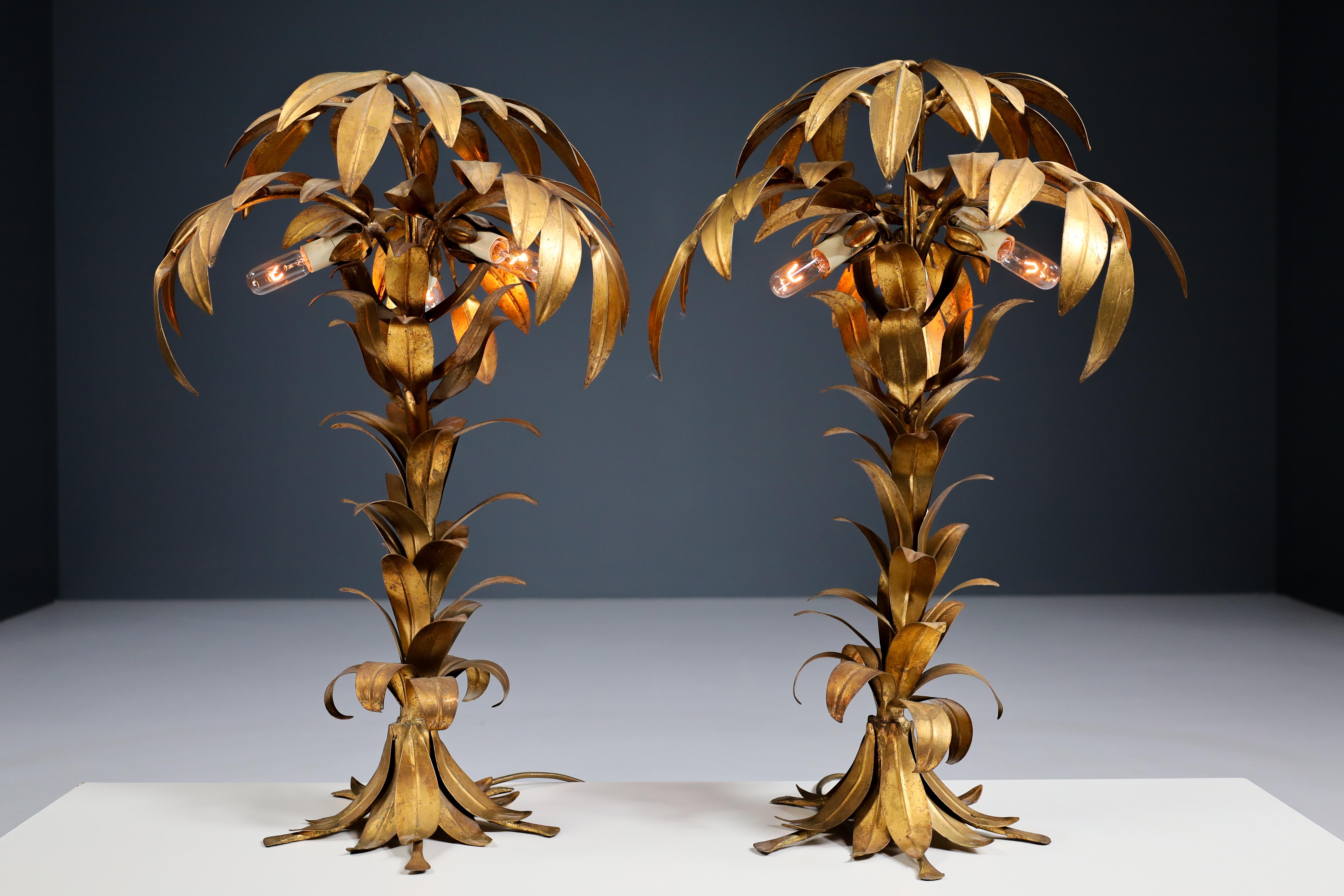 Pair of two Gilt Palm Tree Tables Lamp by Hans Kögl, Germay 1970s For Sale 2