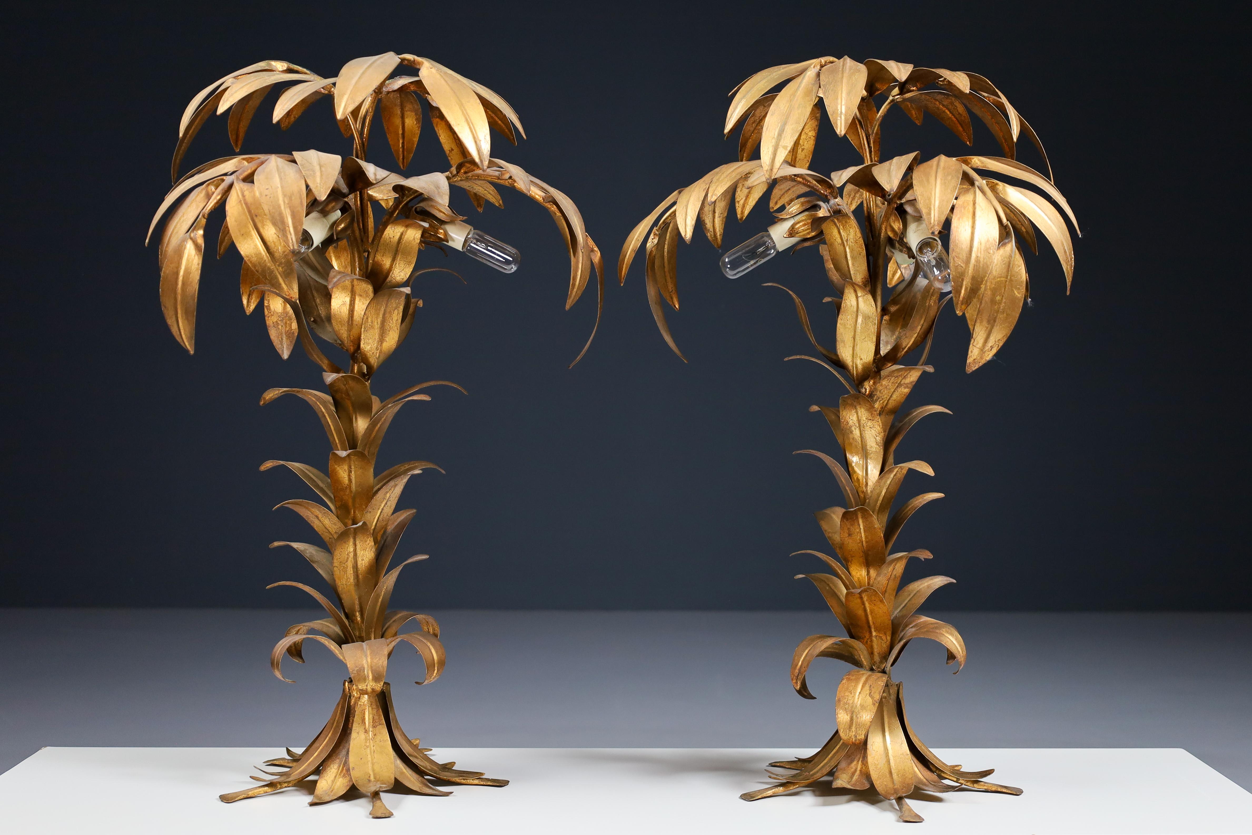 Hollywood Regency Pair of two Gilt Palm Tree Tables Lamp by Hans Kögl, Germay 1970s For Sale