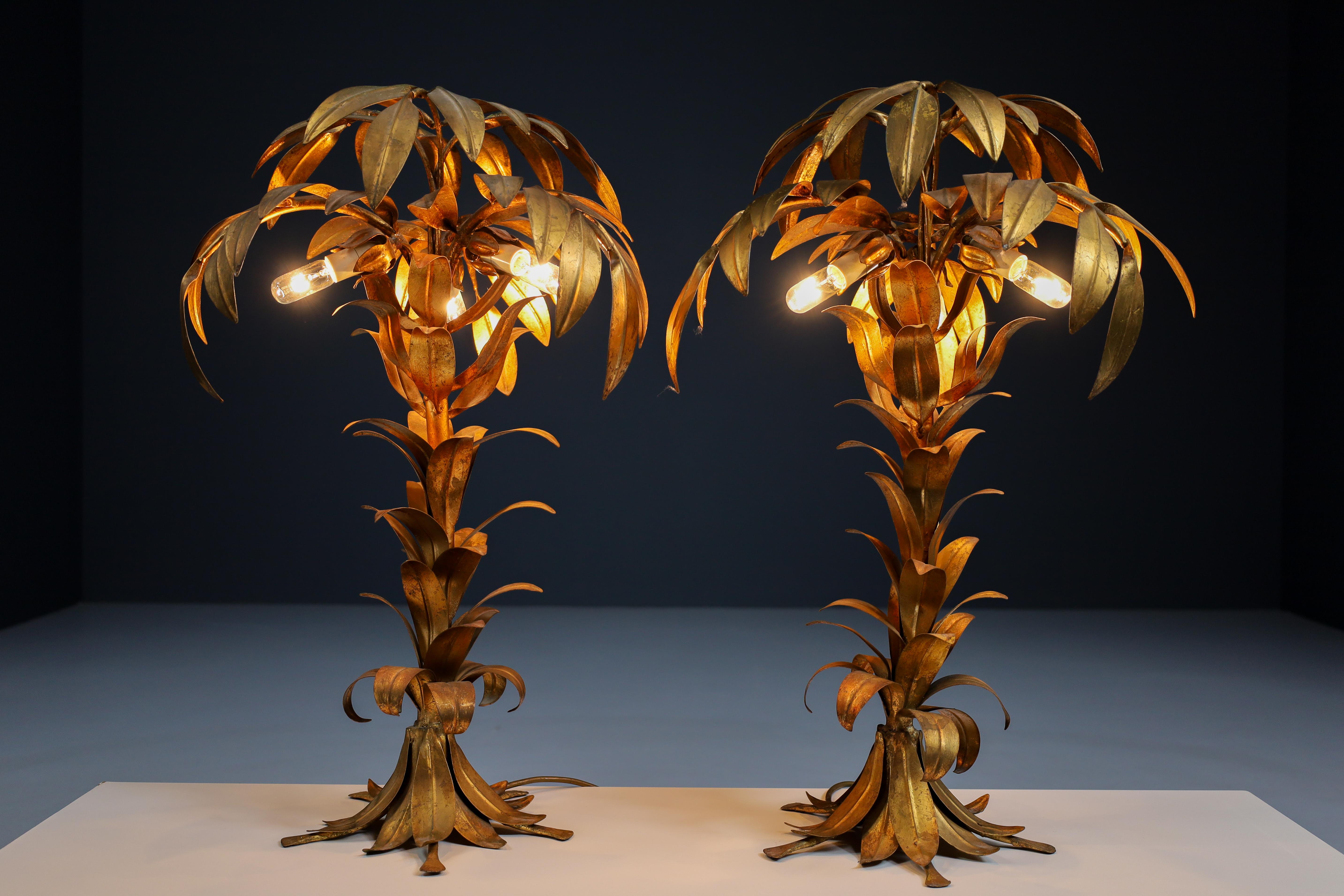 German Pair of two Gilt Palm Tree Tables Lamp by Hans Kögl, Germay 1970s For Sale