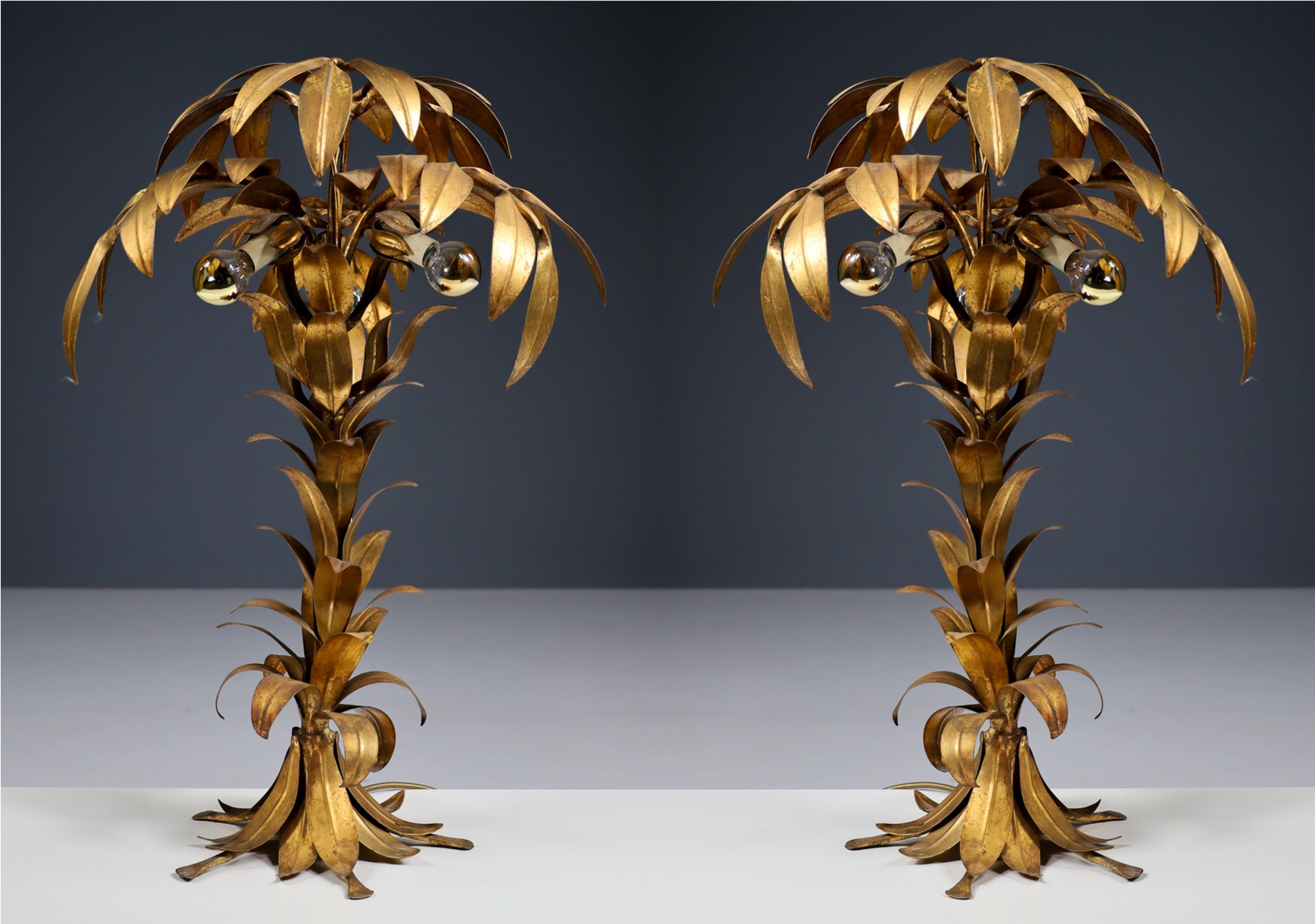 Hand-Crafted Pair of two Gilt Palm Tree Tables Lamp by Hans Kögl, Germay 1970s For Sale