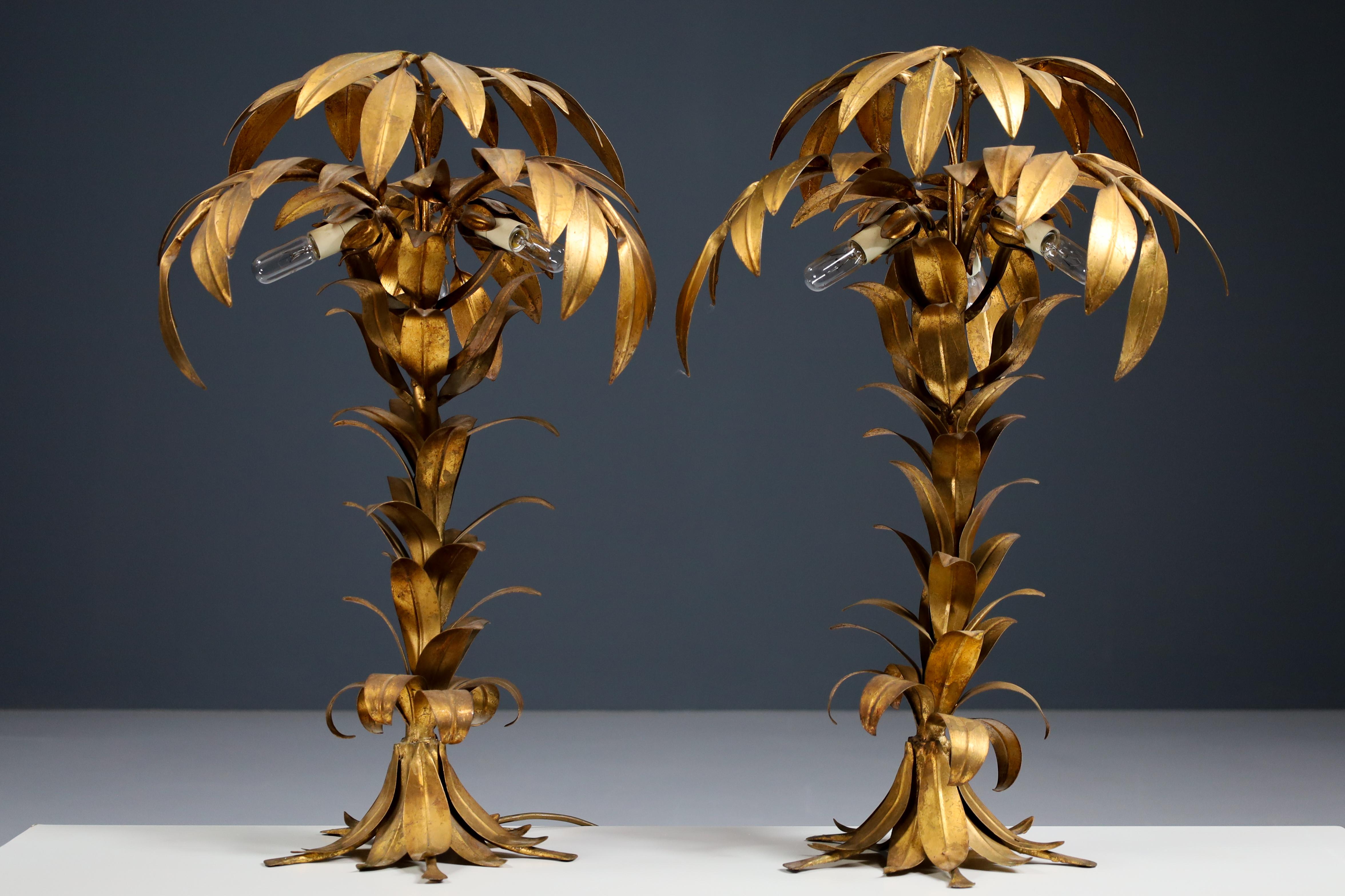 Pair of two Gilt Palm Tree Tables Lamp by Hans Kögl, Germay 1970s In Good Condition For Sale In Almelo, NL