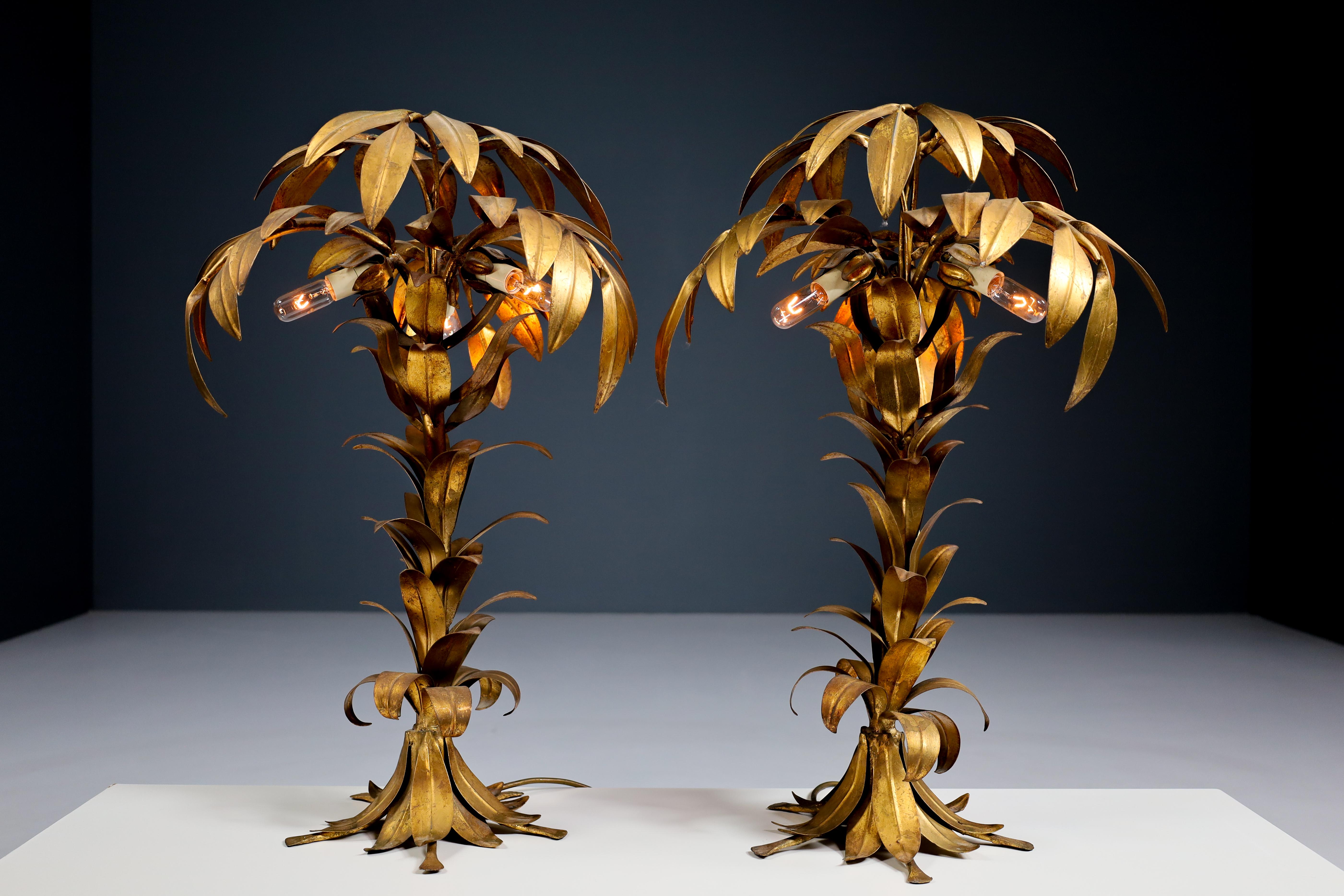 Metal Pair of two Gilt Palm Tree Tables Lamp by Hans Kögl, Germay 1970s For Sale