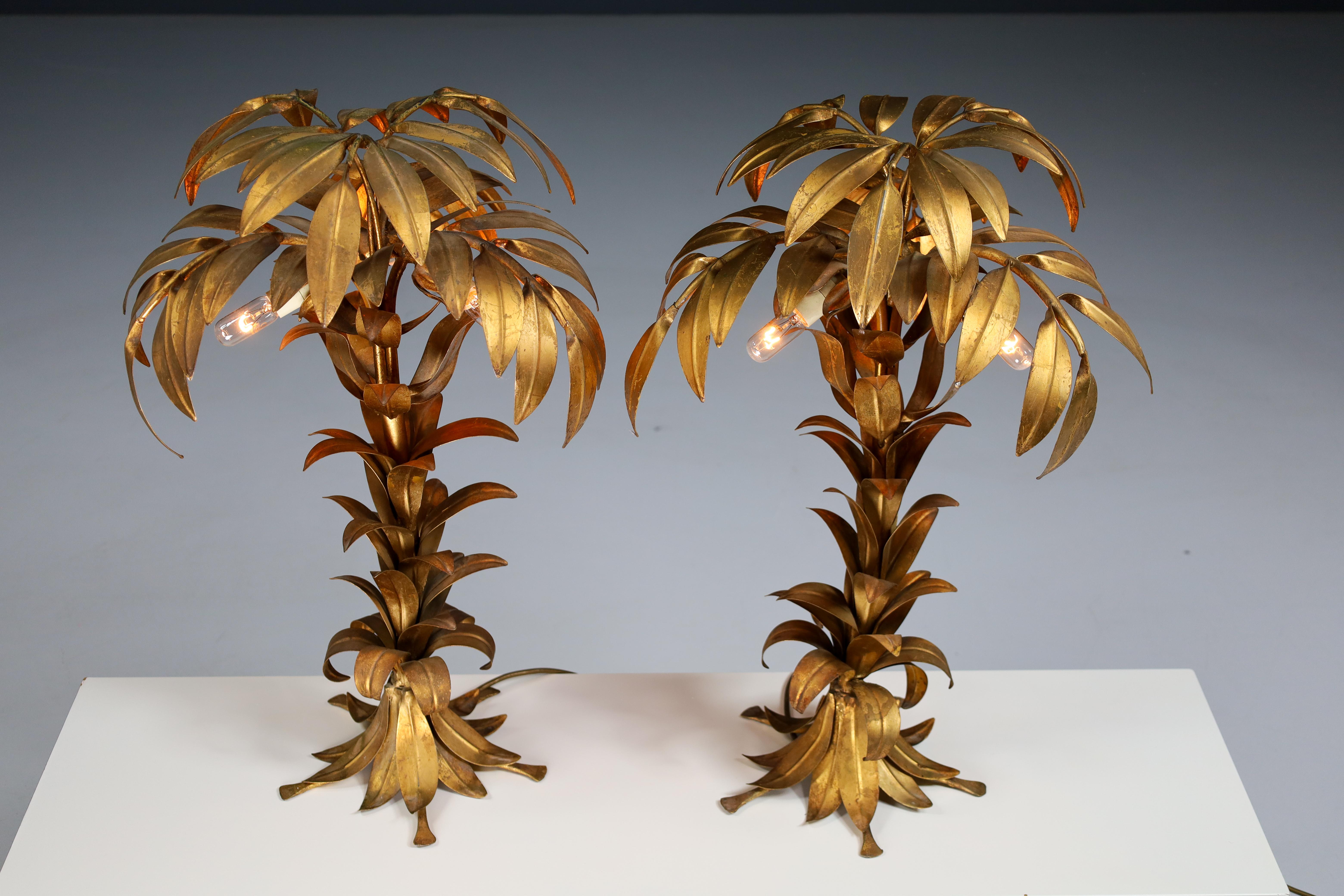 Pair of two Gilt Palm Tree Tables Lamp by Hans Kögl, Germay 1970s For Sale 1