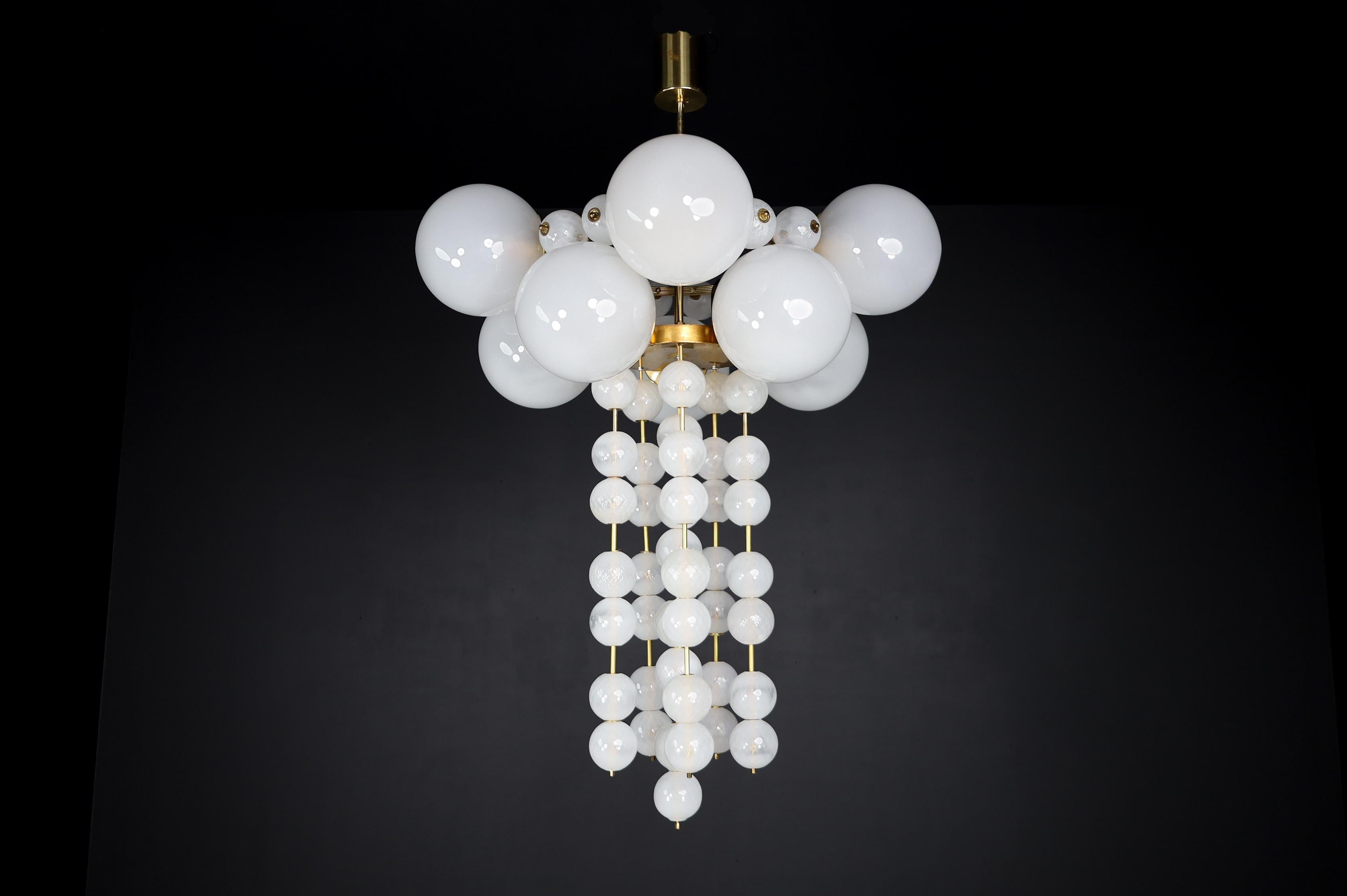 Czech Pair of Two Grand Bohemian Chandeliers with Brass Fixtures and Hand-Blowed Frost For Sale