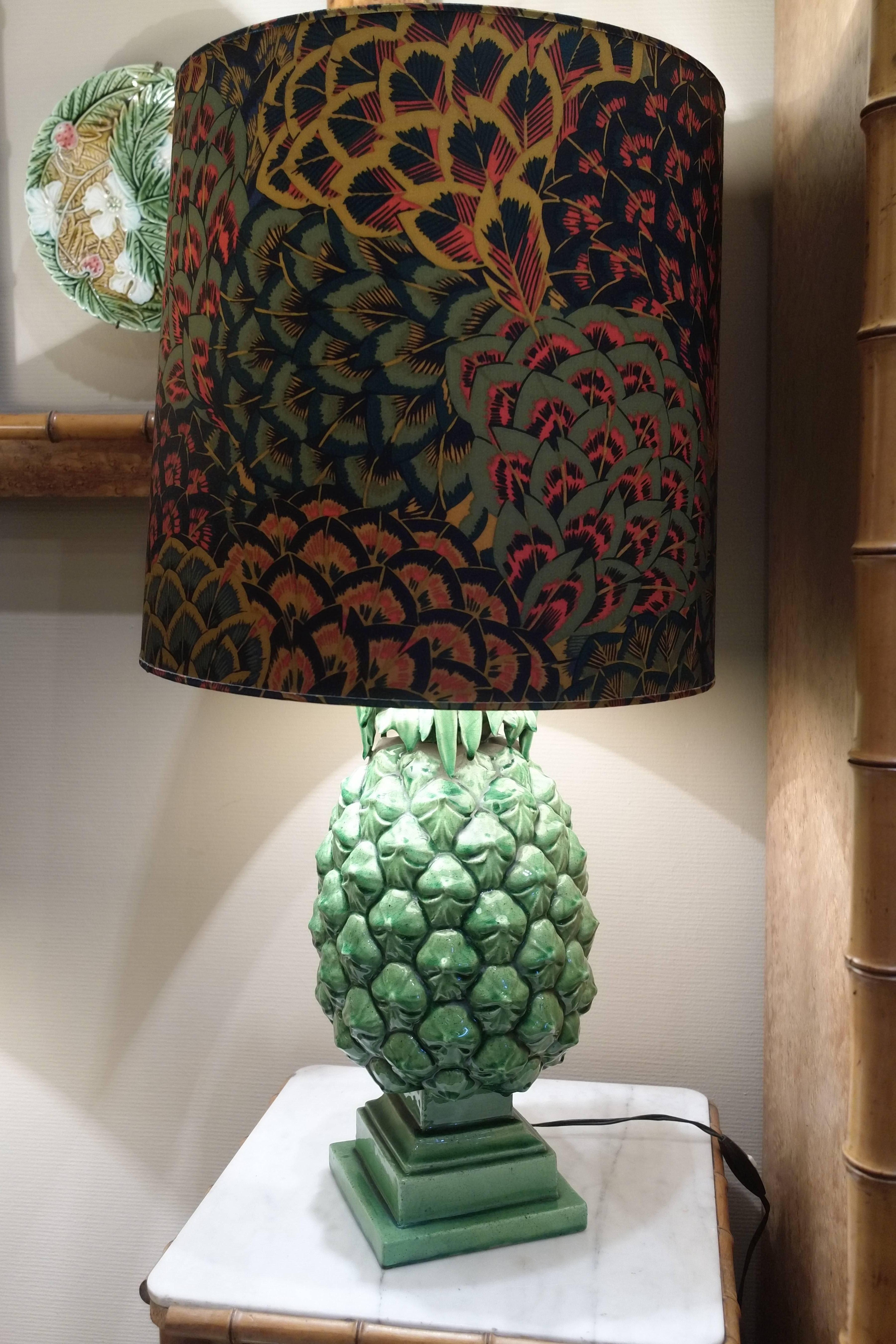 Belgian Pair of Two Green Ceramic Pineapple Table Lamps, circa 1970, 20th Century