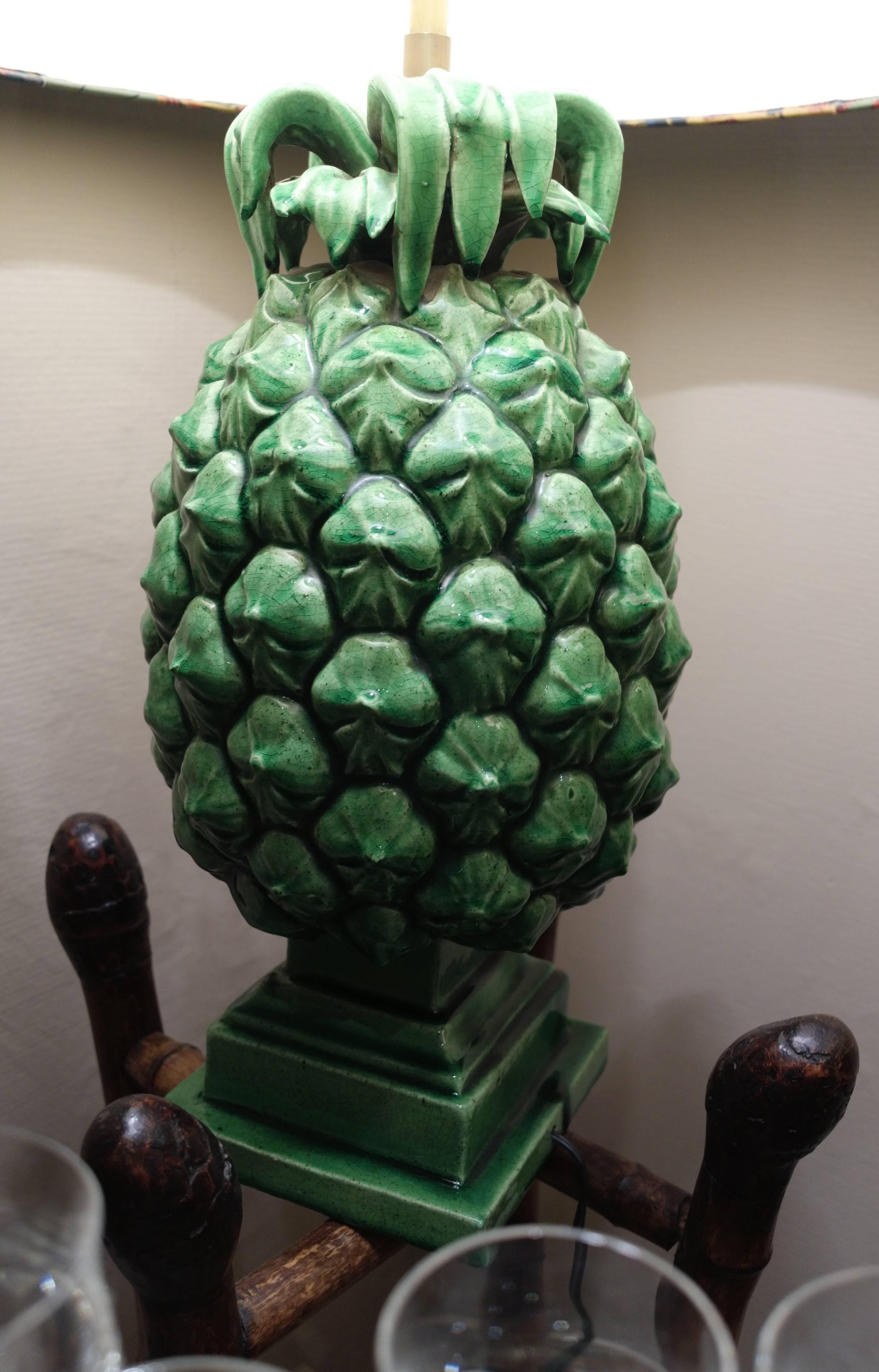 Enameled Pair of Two Green Ceramic Pineapple Table Lamps, circa 1970, 20th Century
